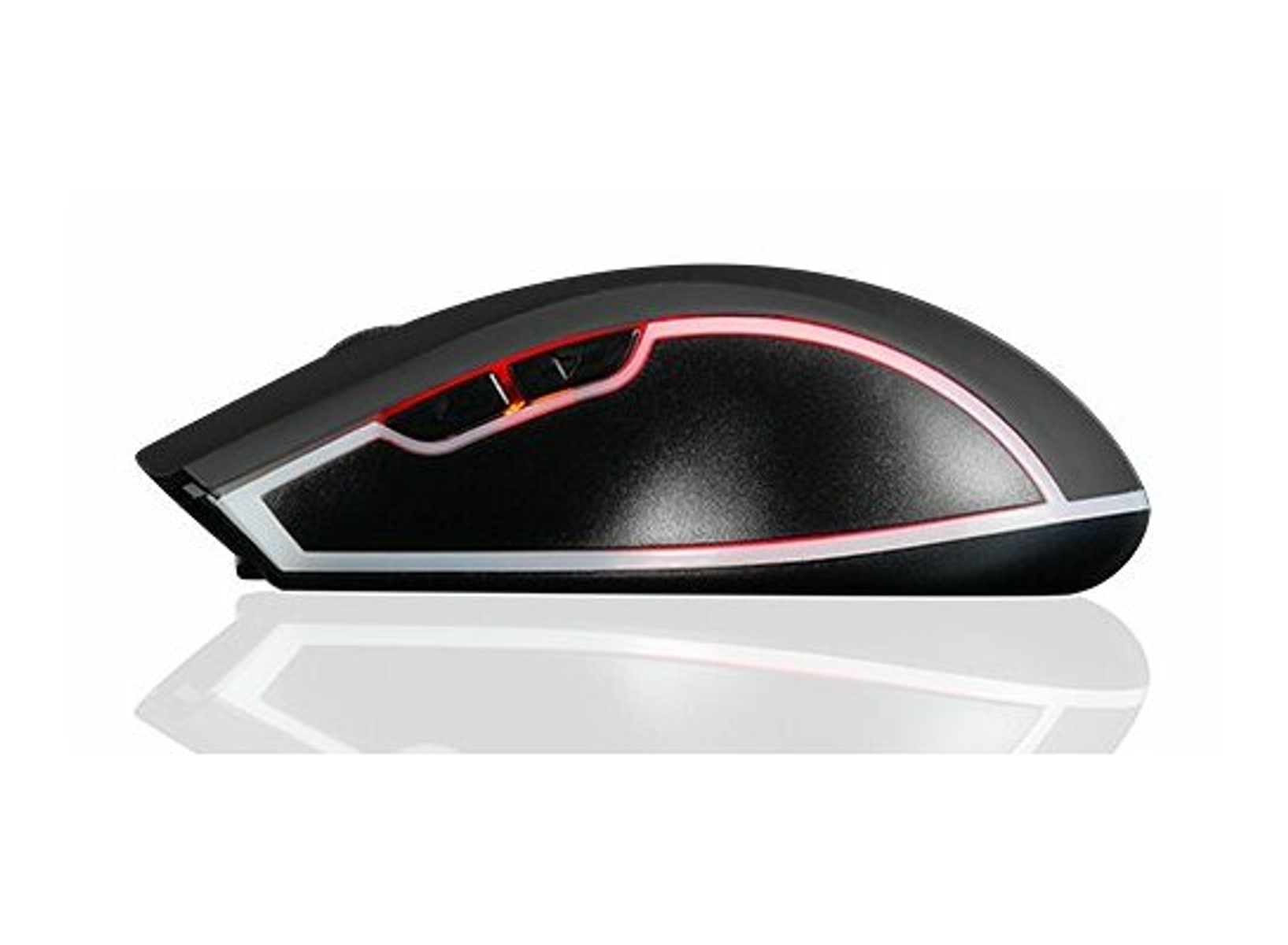 Czarna mysz gamingowa z czerwonymi i białymi akcentami świetlnymi.