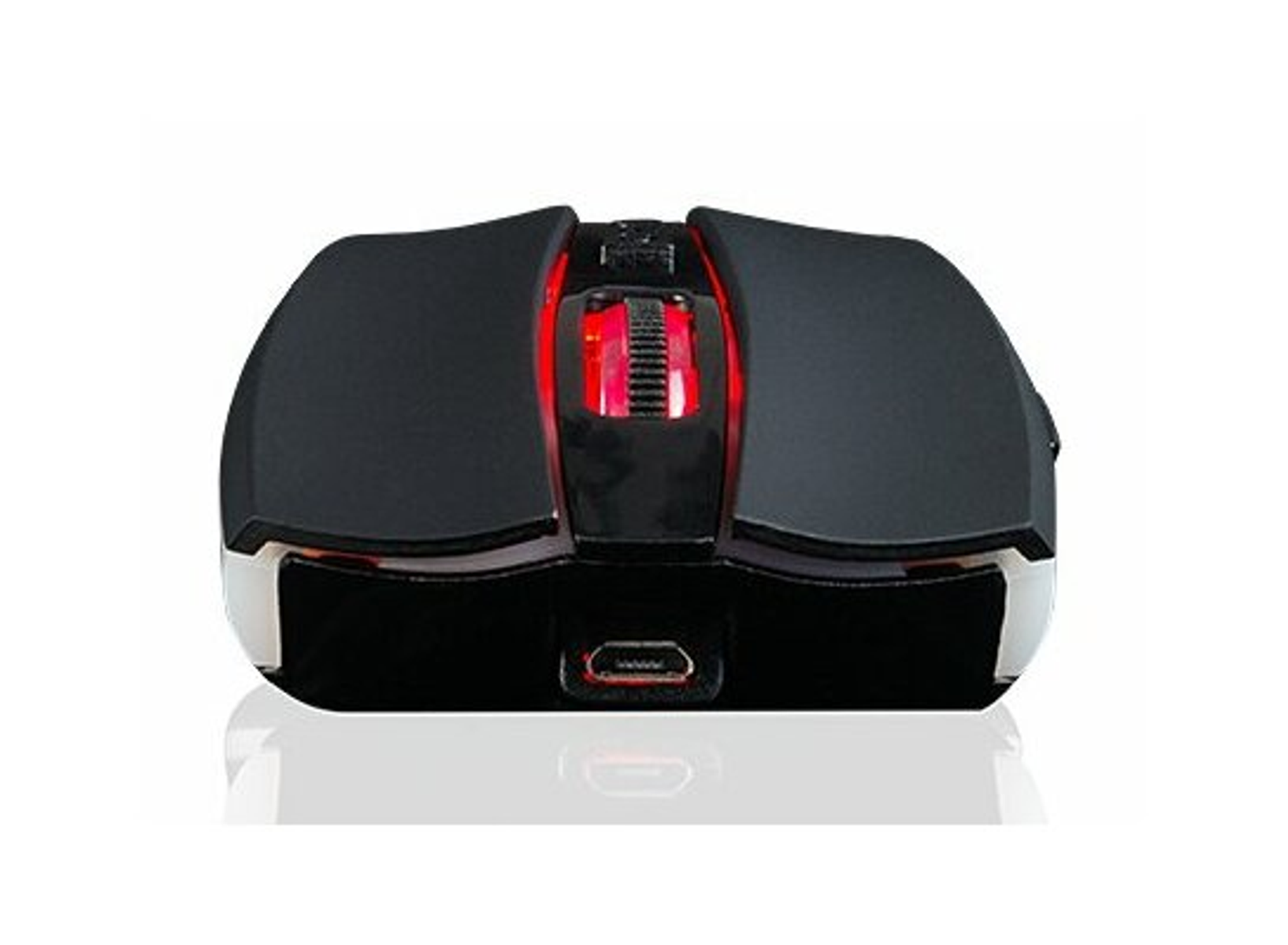 Czarna mysz gamingowa z czerwonym podświetleniem wokół kółka przewijania.