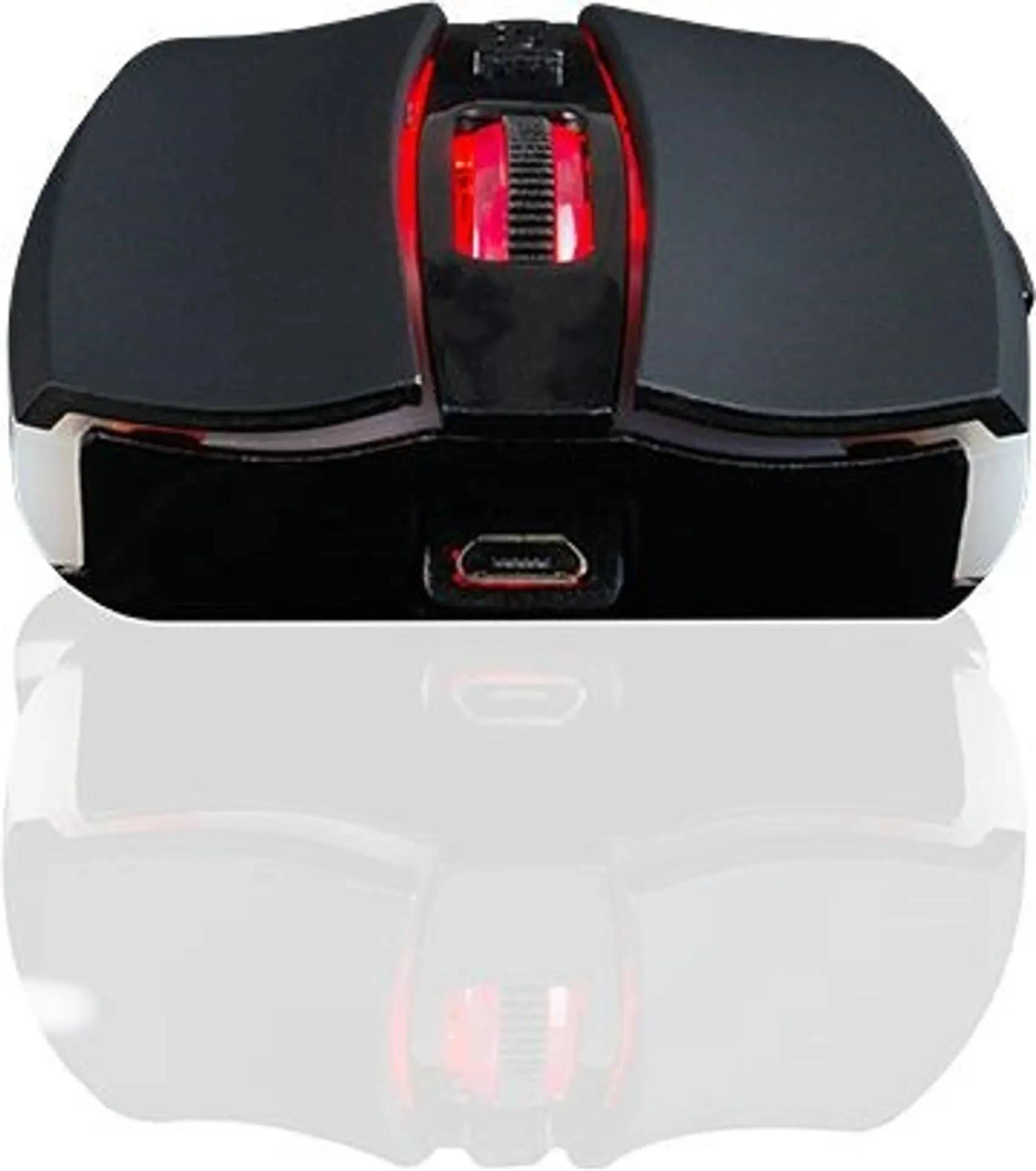 Czarna mysz gamingowa z czerwonym podświetleniem i portem USB.