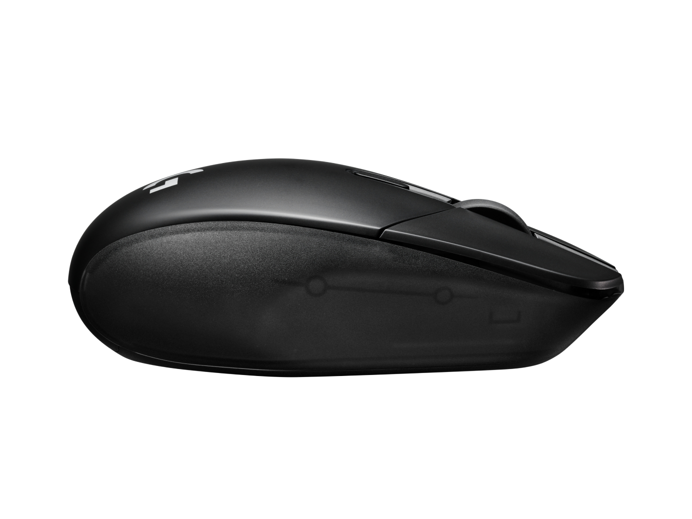 Un mouse wireless nero con un design elegante, su una superficie bianca.