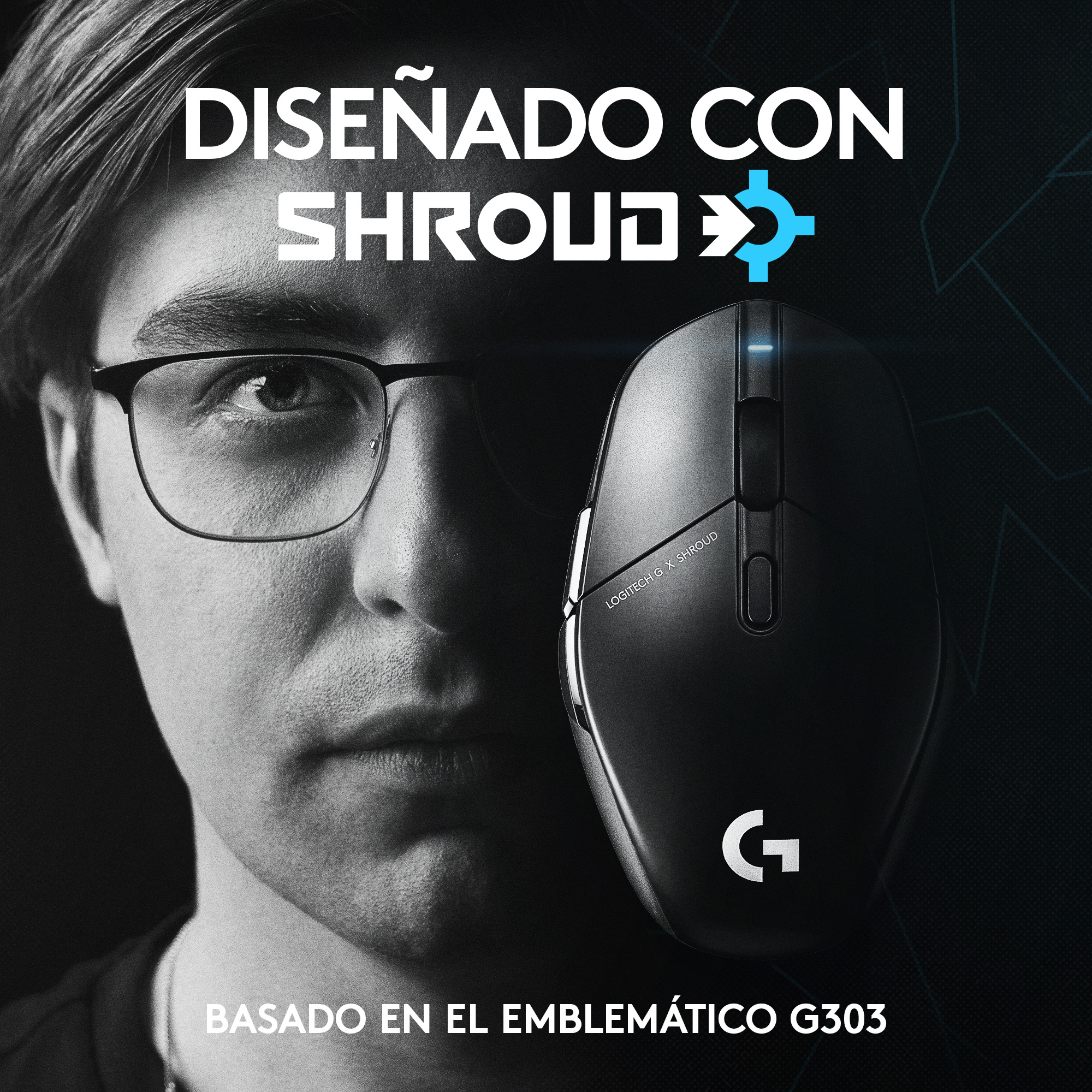 Uomo con occhiali e mouse. Il testo dice 'Designed with Shroud' e 'G303'.