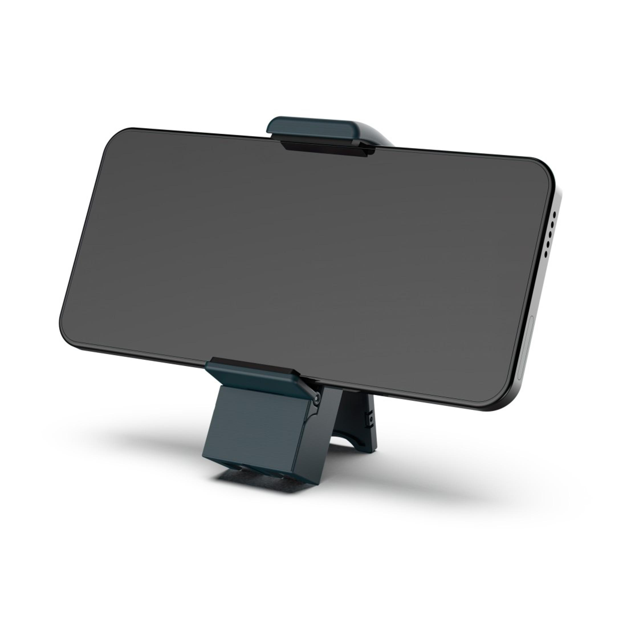 Telefon na stojaku. Telefon jest czarny, a stojak niebiesko-szary.