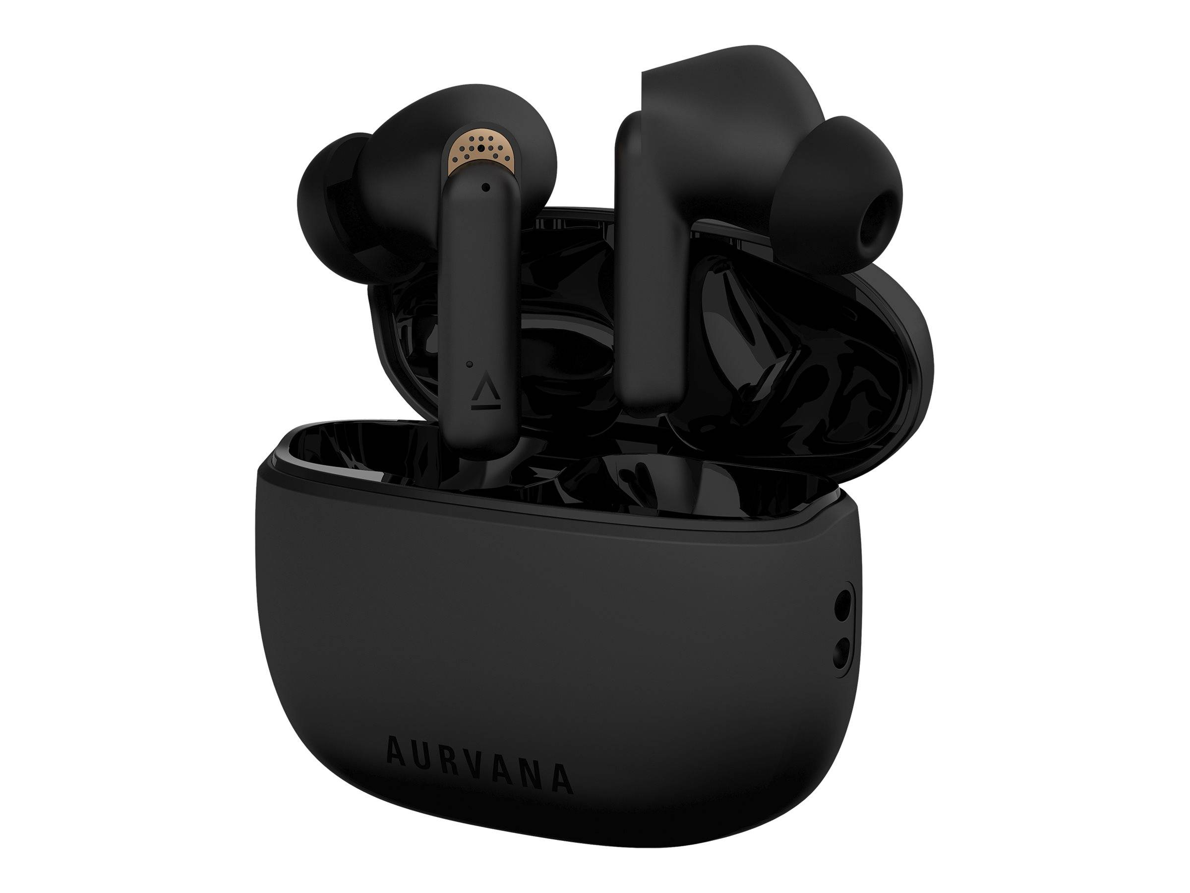 Auricolari wireless neri nella loro custodia di ricarica. La custodia è aperta e sono visibili entrambi gli auricolari.