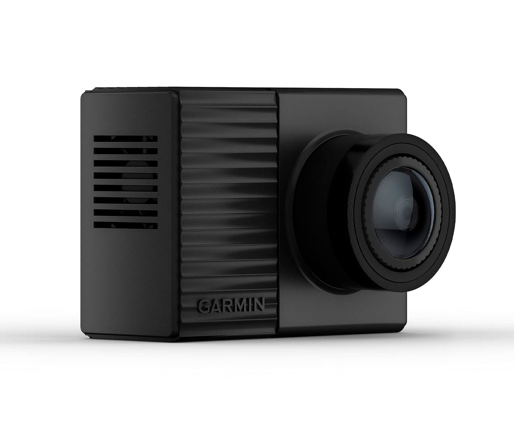 Eine schwarze Garmin Dashcam mit einer Linse rechts und Lüftungsschlitzen links.
