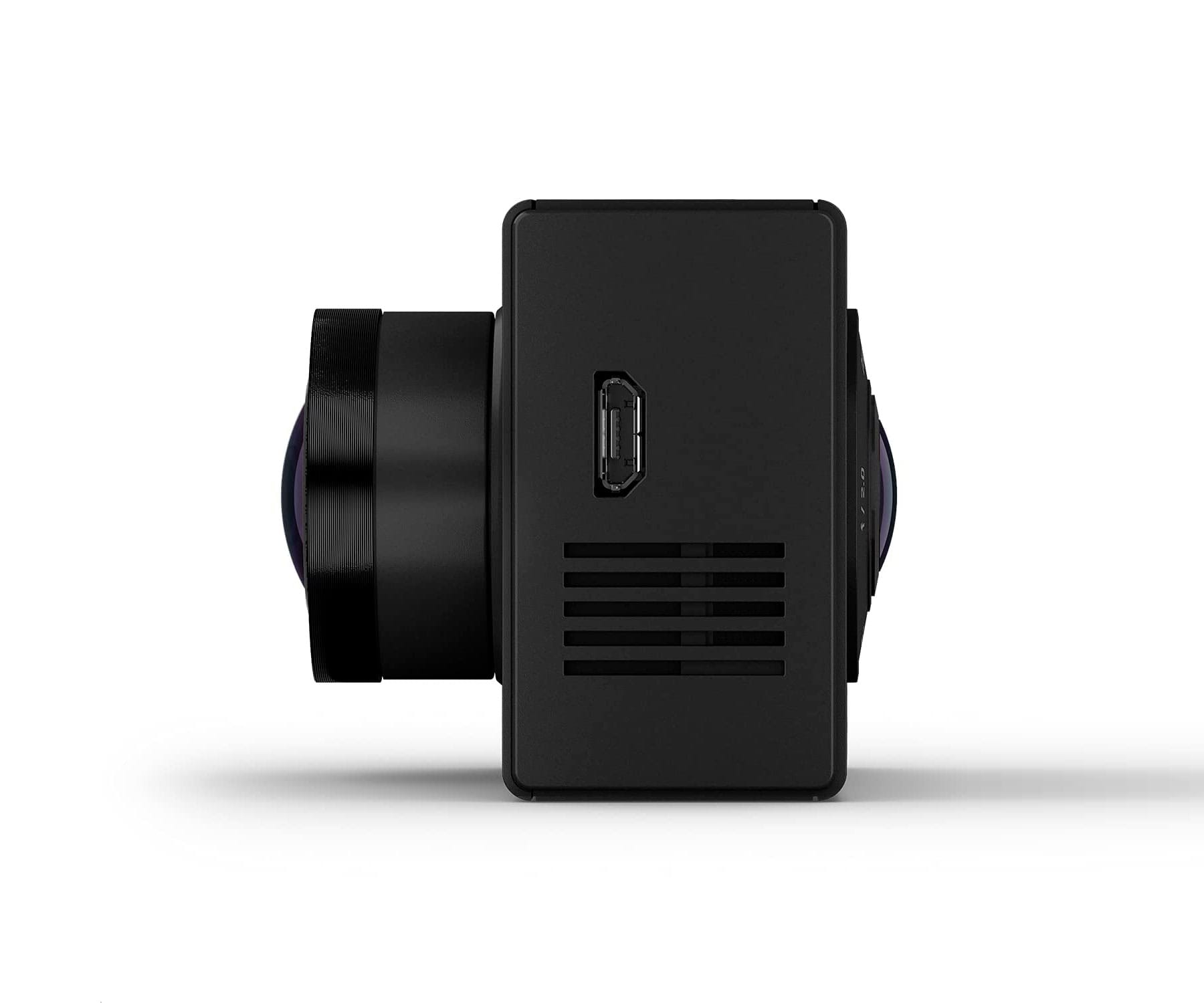 Schwarze Kamera mit USB-Anschluss und Lüftungsschlitzen, von der Seite gezeigt.
