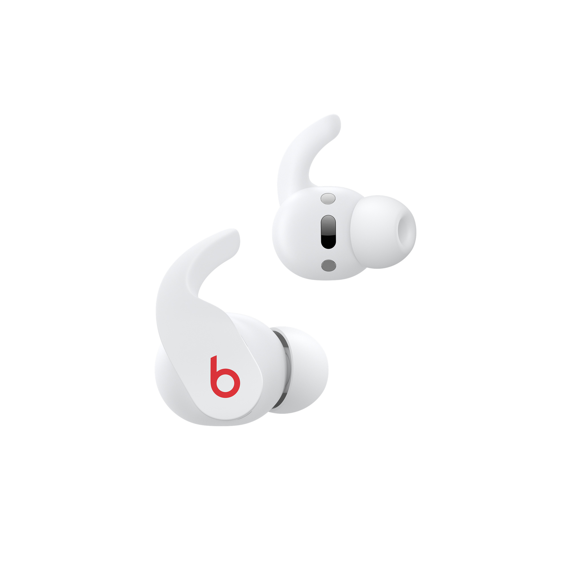 Weiße Beats-Ohrhörer, schräge Ansicht. Jeder Ohrhörer hat ein rotes 'b'-Logo. Die Ohrhörer sind weiß.
