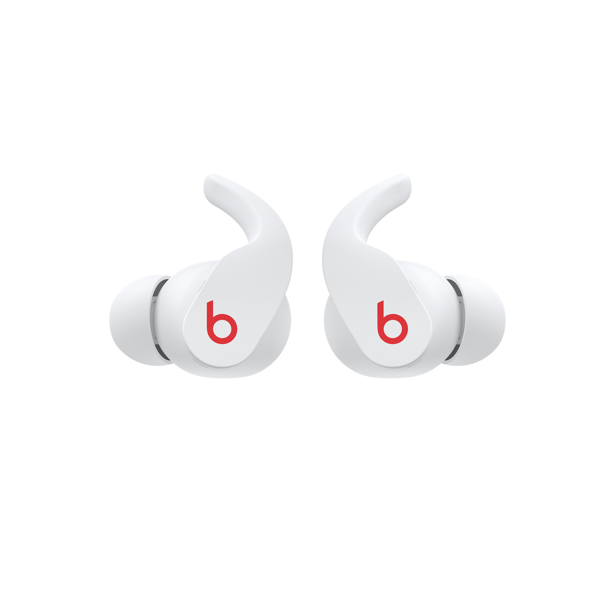 Zwei weiße Beats-Ohrhörer, schräge Ansicht. Jeder Ohrhörer hat ein rotes 'b'-Logo. Die Ohrhörer sind weiß.