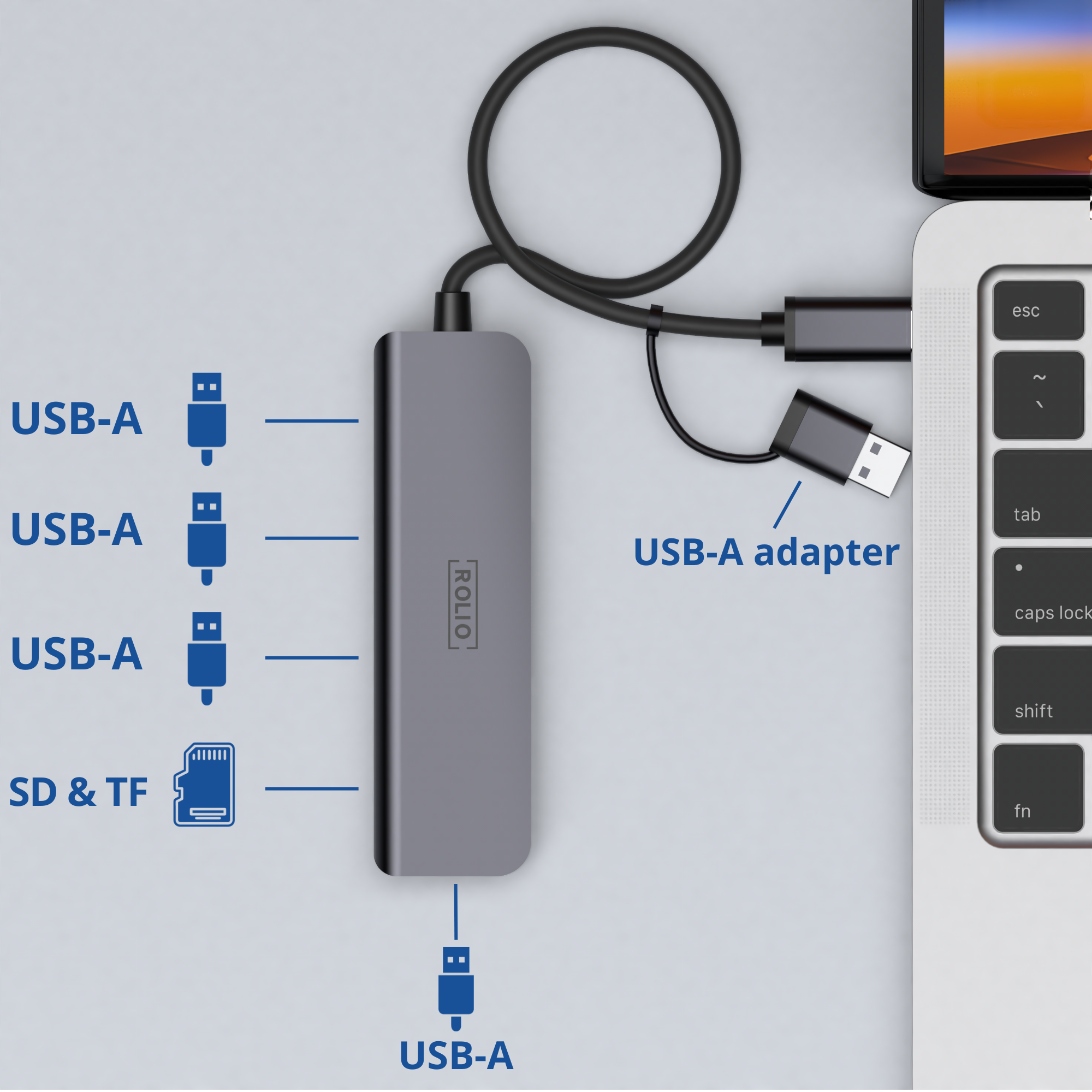 Gray USB hub connected to a laptop, showing USB-A, SD & TF, and USB-A adapter.