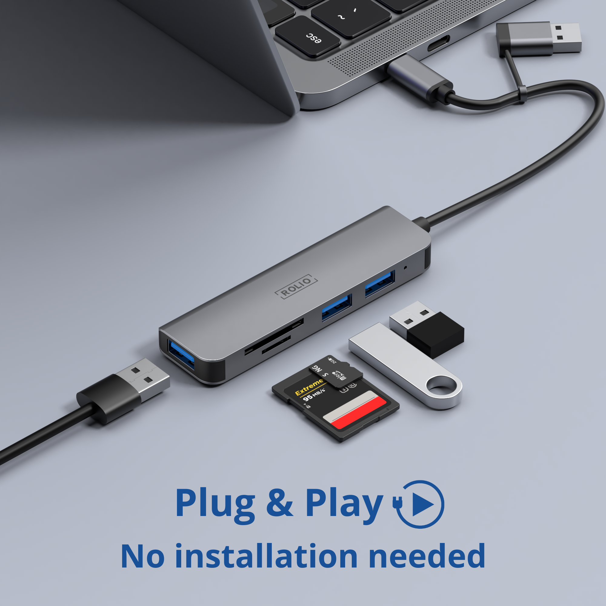 A laptop connected to a hub with USB ports, SD card, and a USB flash drive.
