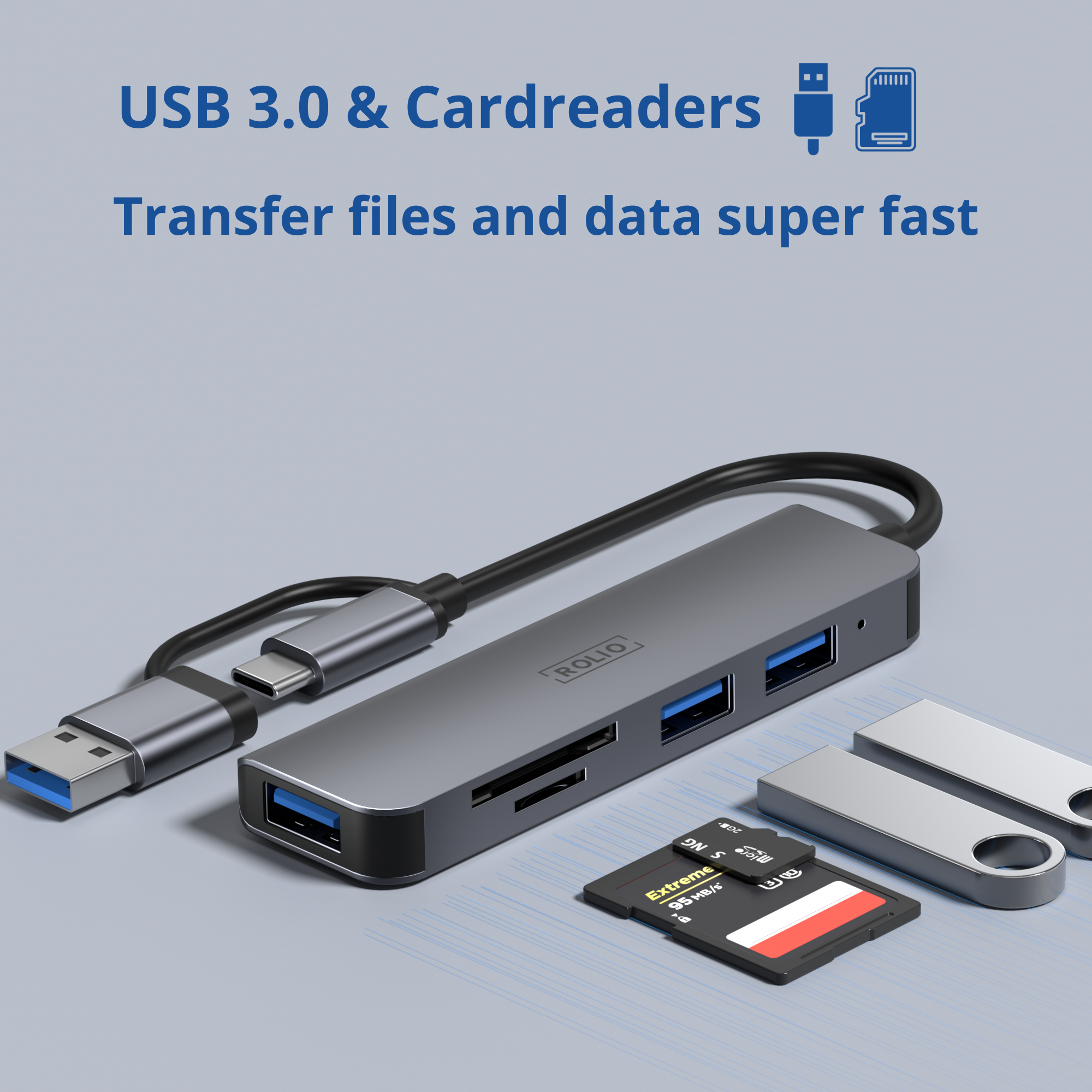 USB 3.0 hub and card readers, with attached cables and various SD cards and USB drives.