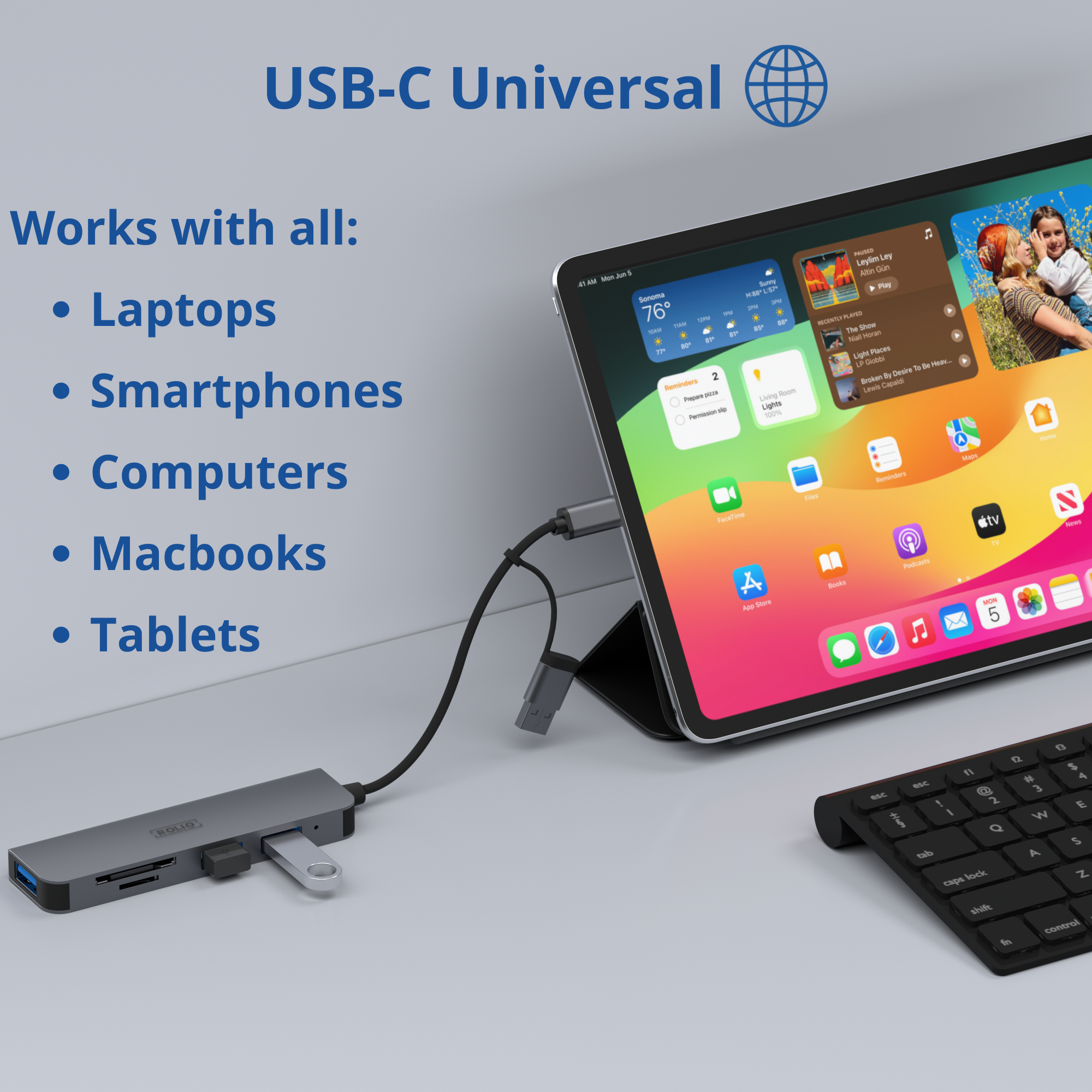 Tablet connected to a USB-C hub. The hub is connected to a keyboard.