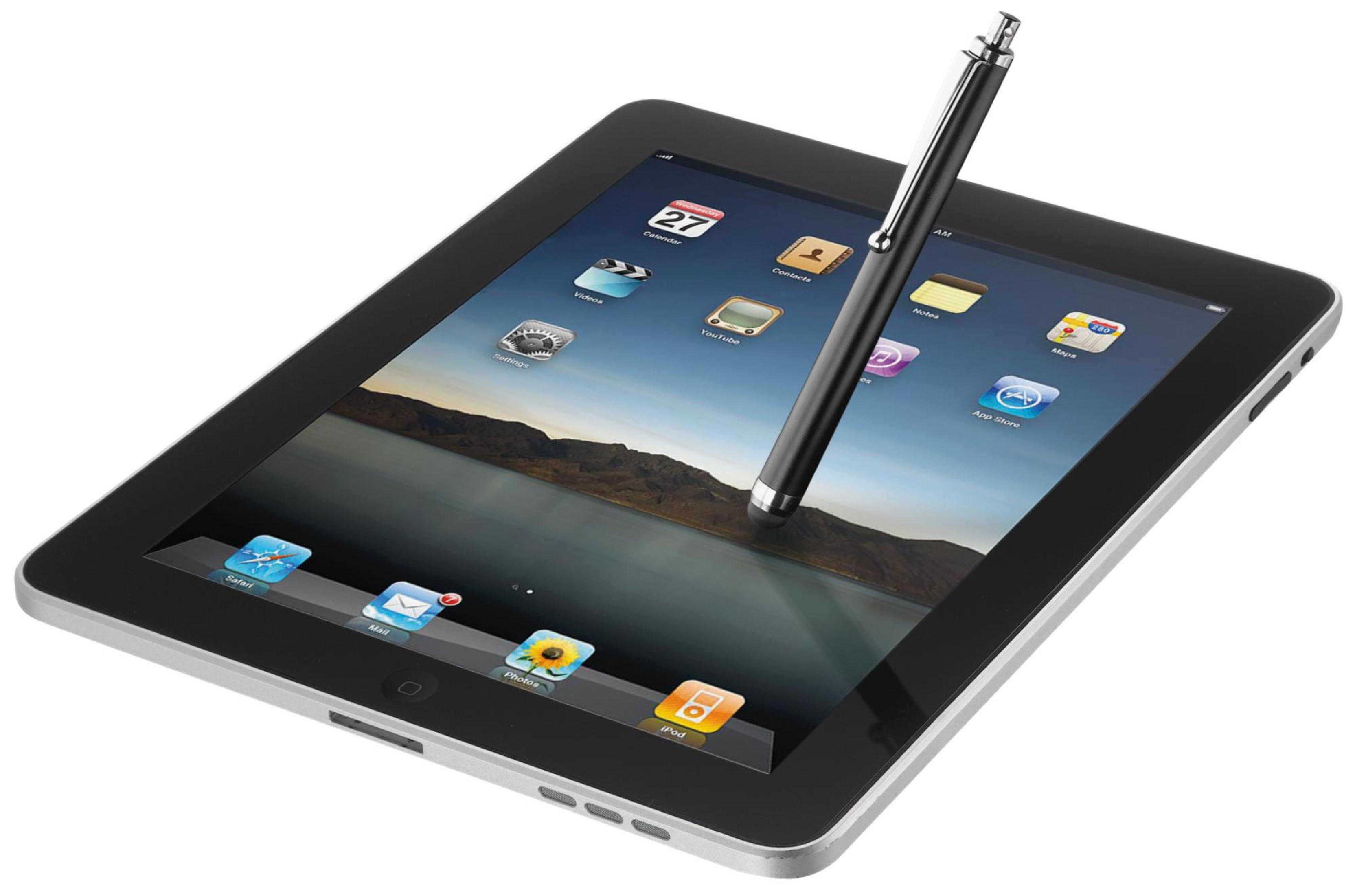 Czarny tablet z rysikiem. Ekran wyświetla ikony aplikacji i krajobraz.