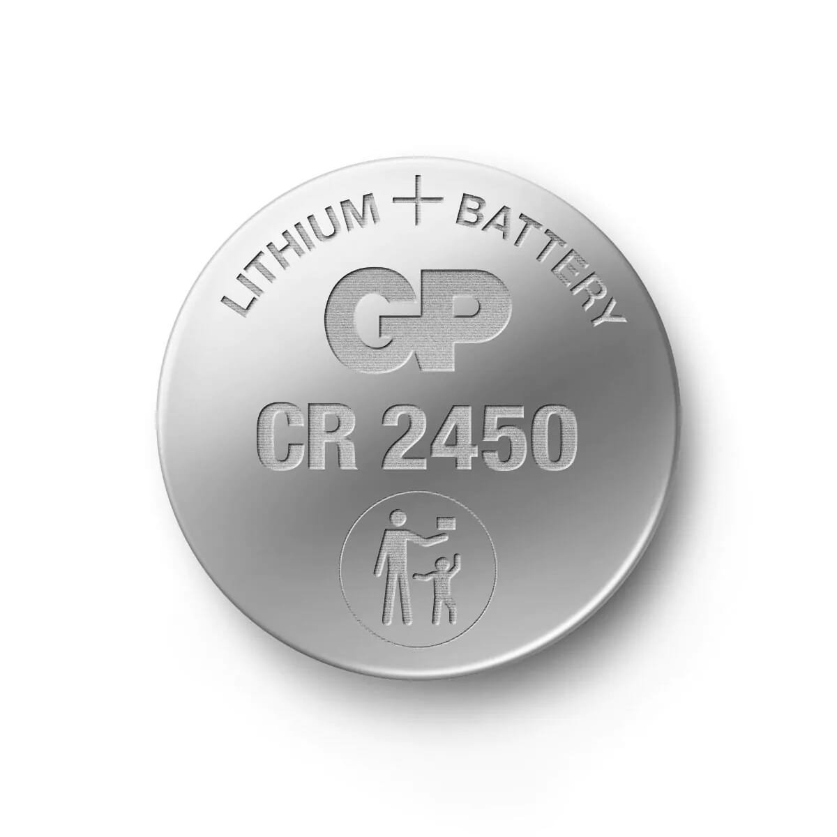 Een zilveren ronde batterij met de tekst 'LITHIUM + BATTERY' en de tekst 'CR 2450'.