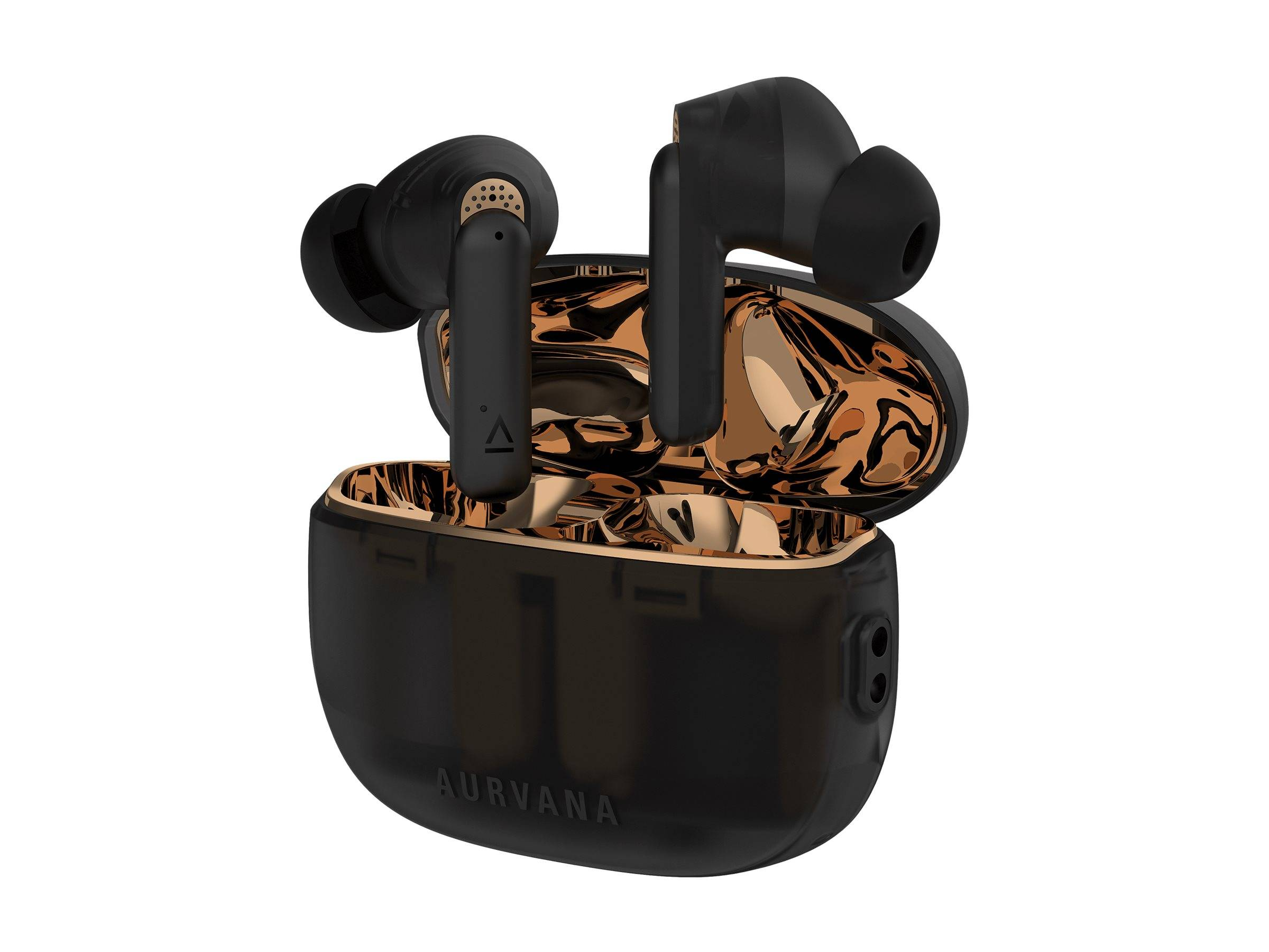 Auricolari wireless neri e oro in una custodia. Sfondo bianco.