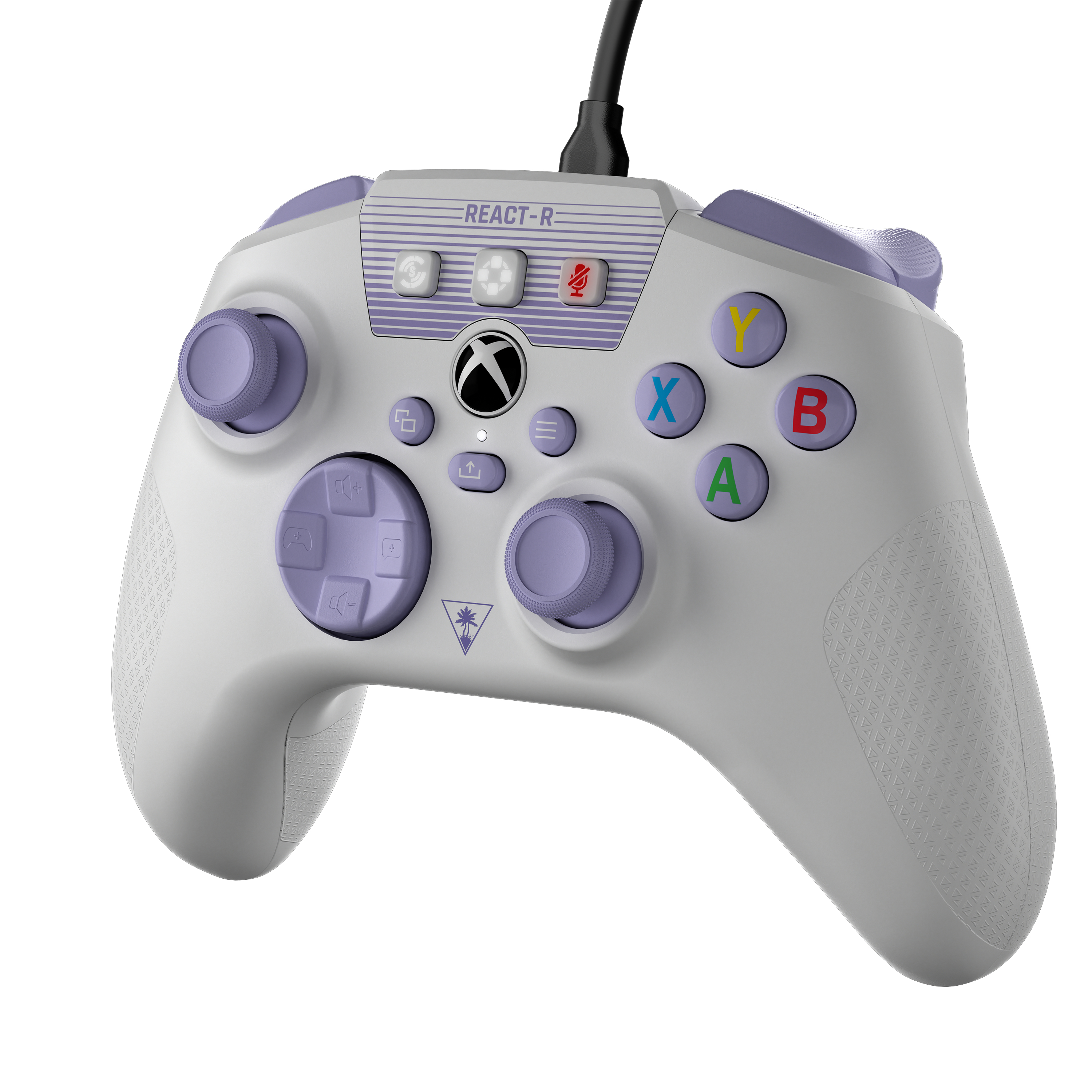 Controller Xbox bianco e viola con pulsanti colorati. Ha un cavo e pulsanti per varie funzioni.