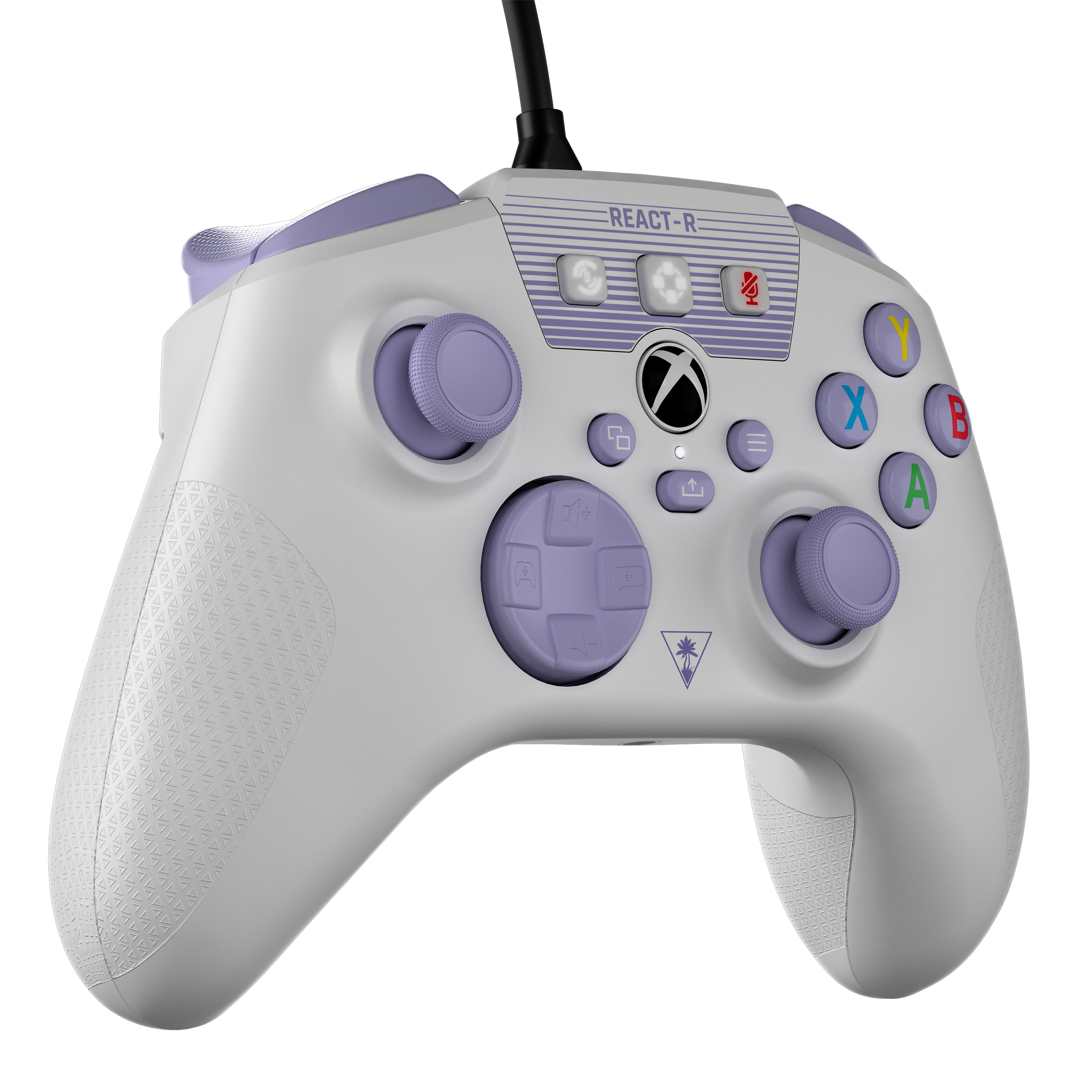Controller di gioco bianco con pulsanti e accenti viola e un cavo nero.