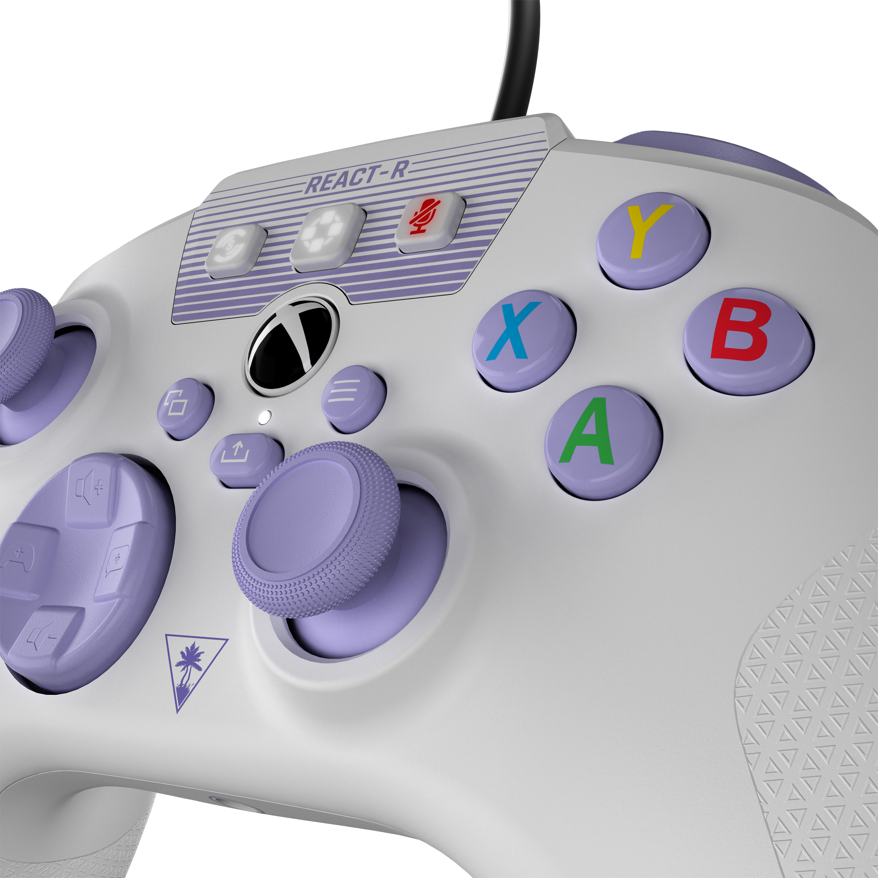 Controller Xbox bianco e viola. Ha pulsanti, joystick e un cavo USB collegato in alto.