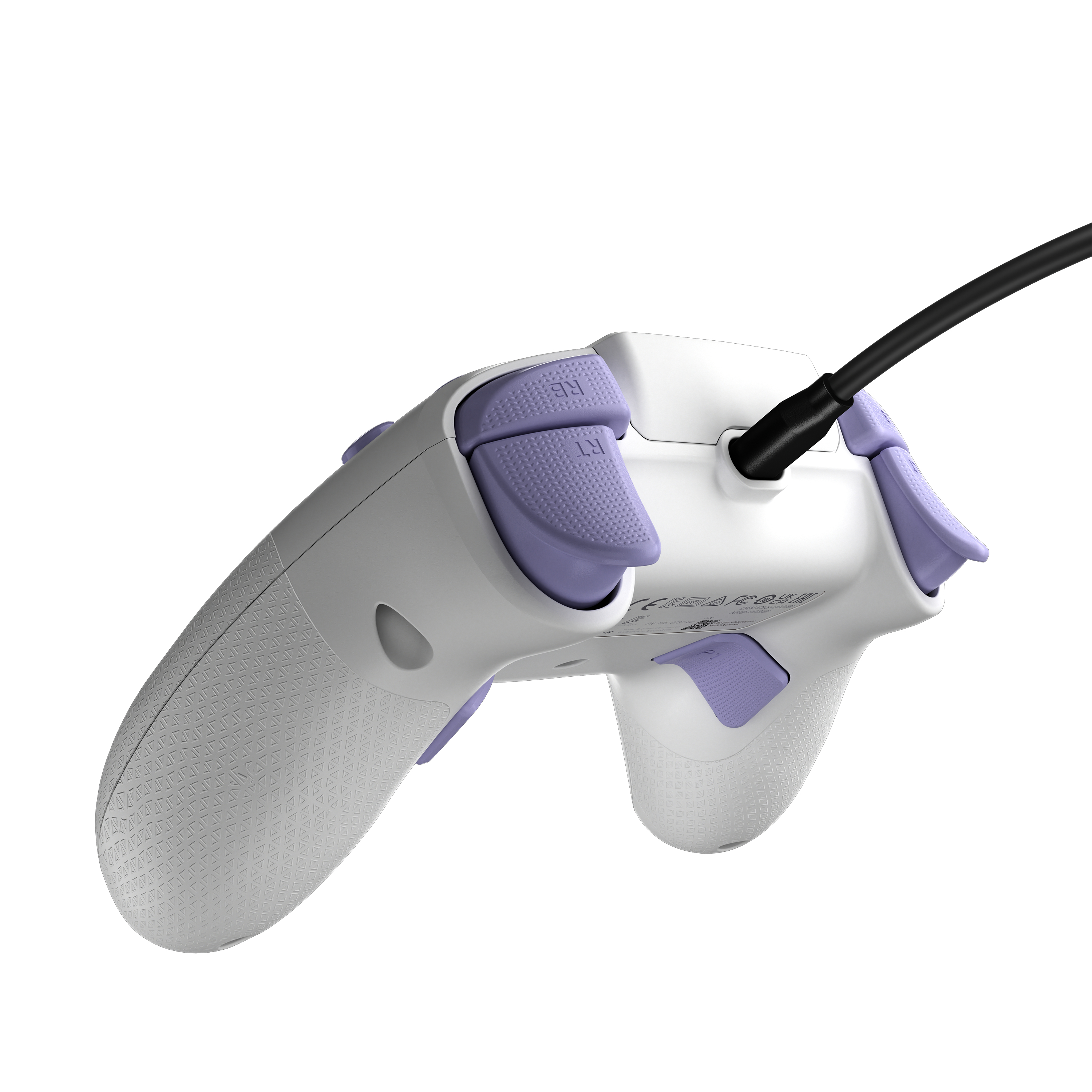 Retro di un controller di gioco bianco con pulsanti viola e un cavo nero.