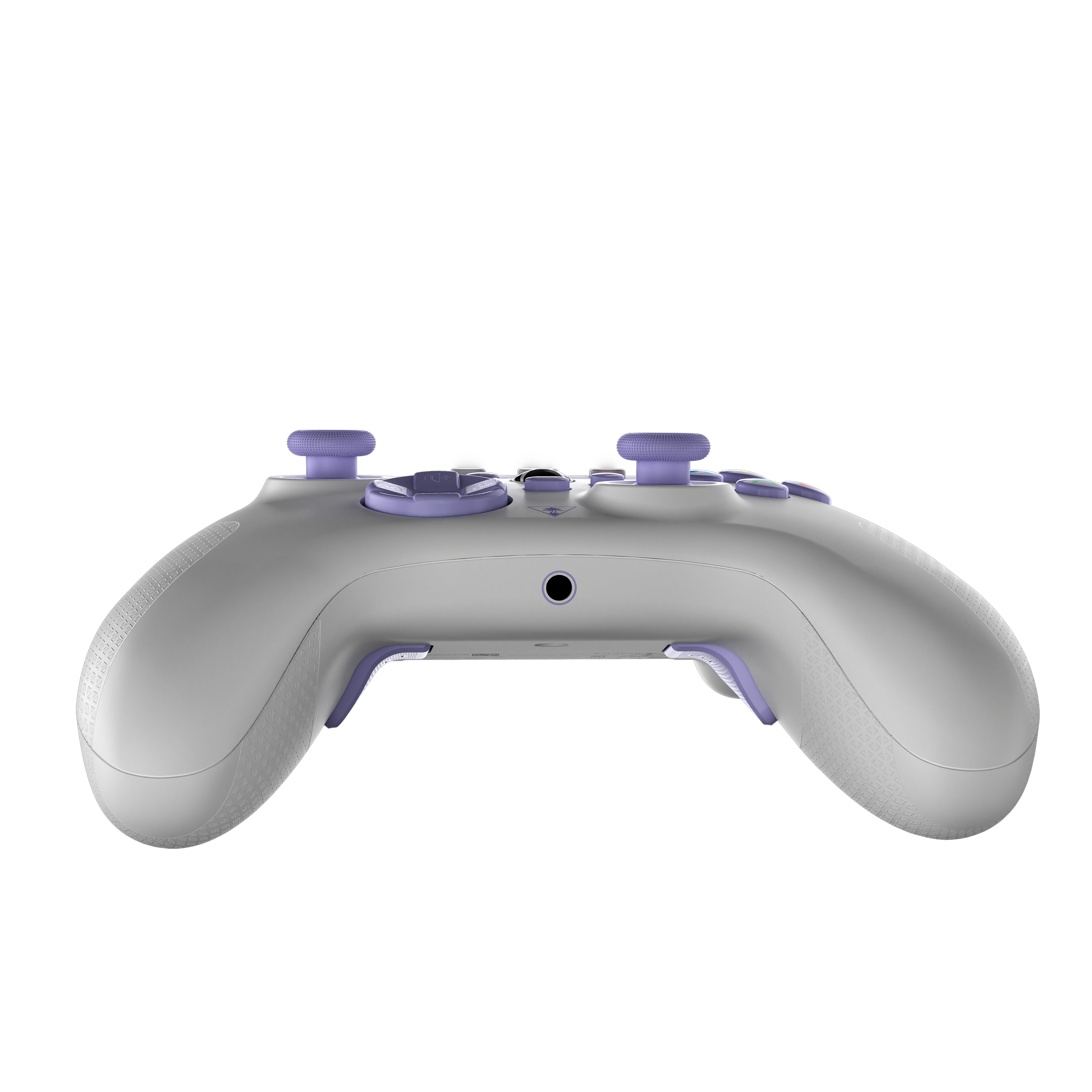 Controller di gioco grigio, vista dall'alto, con joystick e pulsanti viola.
