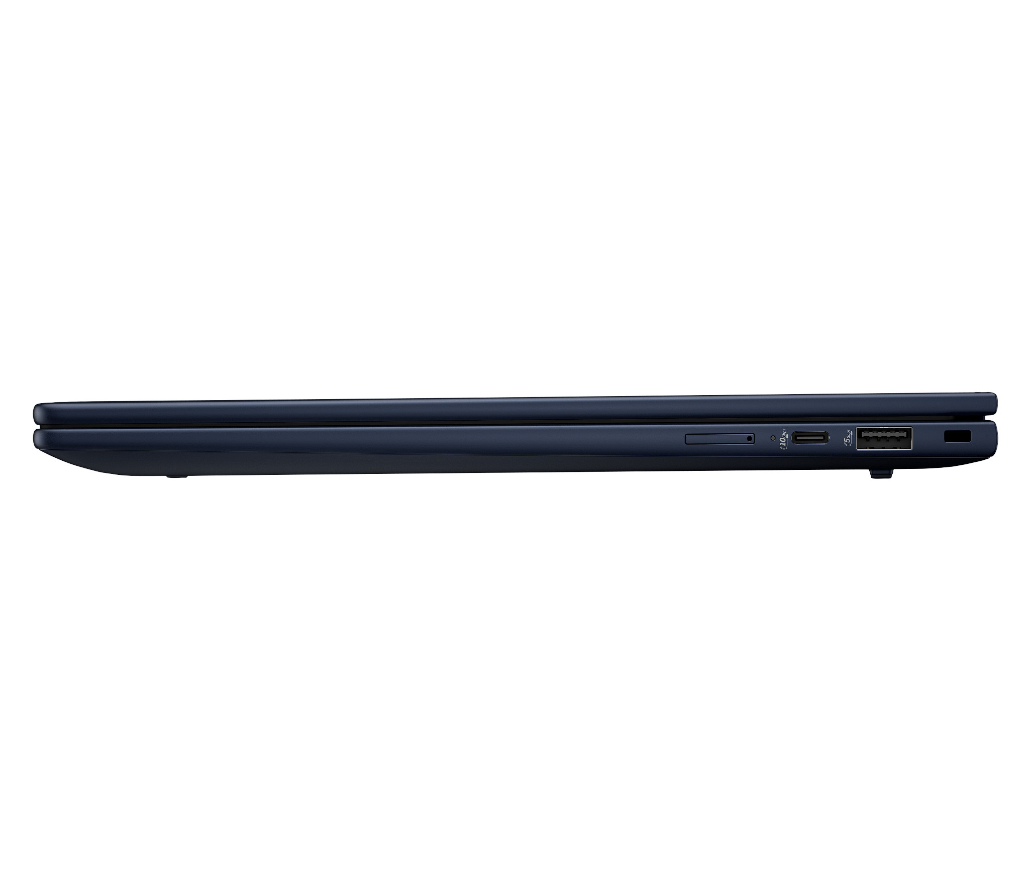 Vista laterale del laptop blu, design sottile. Mostra il lato con le porte e lo schermo chiuso.