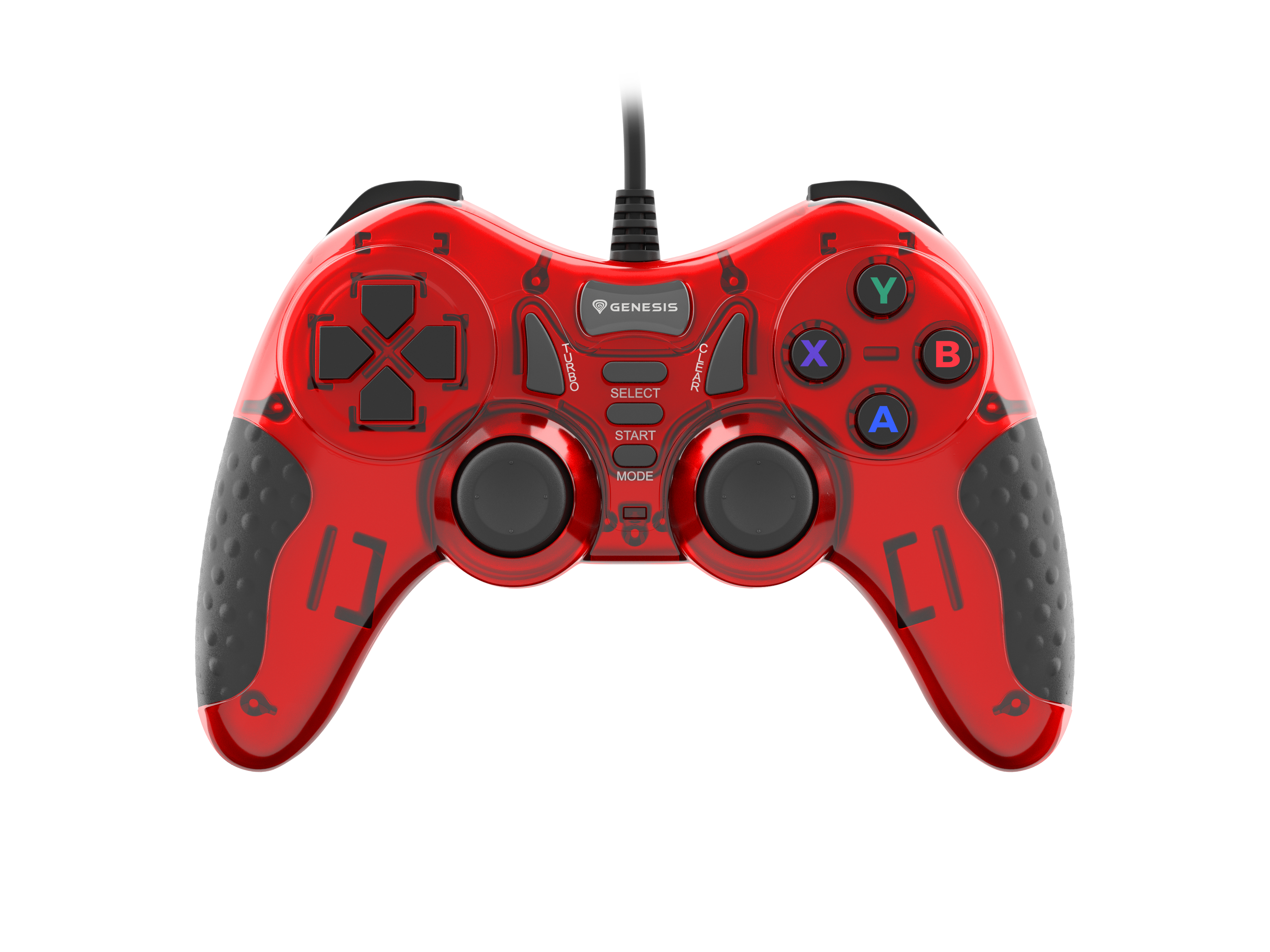 Un gamepad rosso traslucido con pulsanti, joystick e un cavo. I pulsanti sono etichettati con simboli.