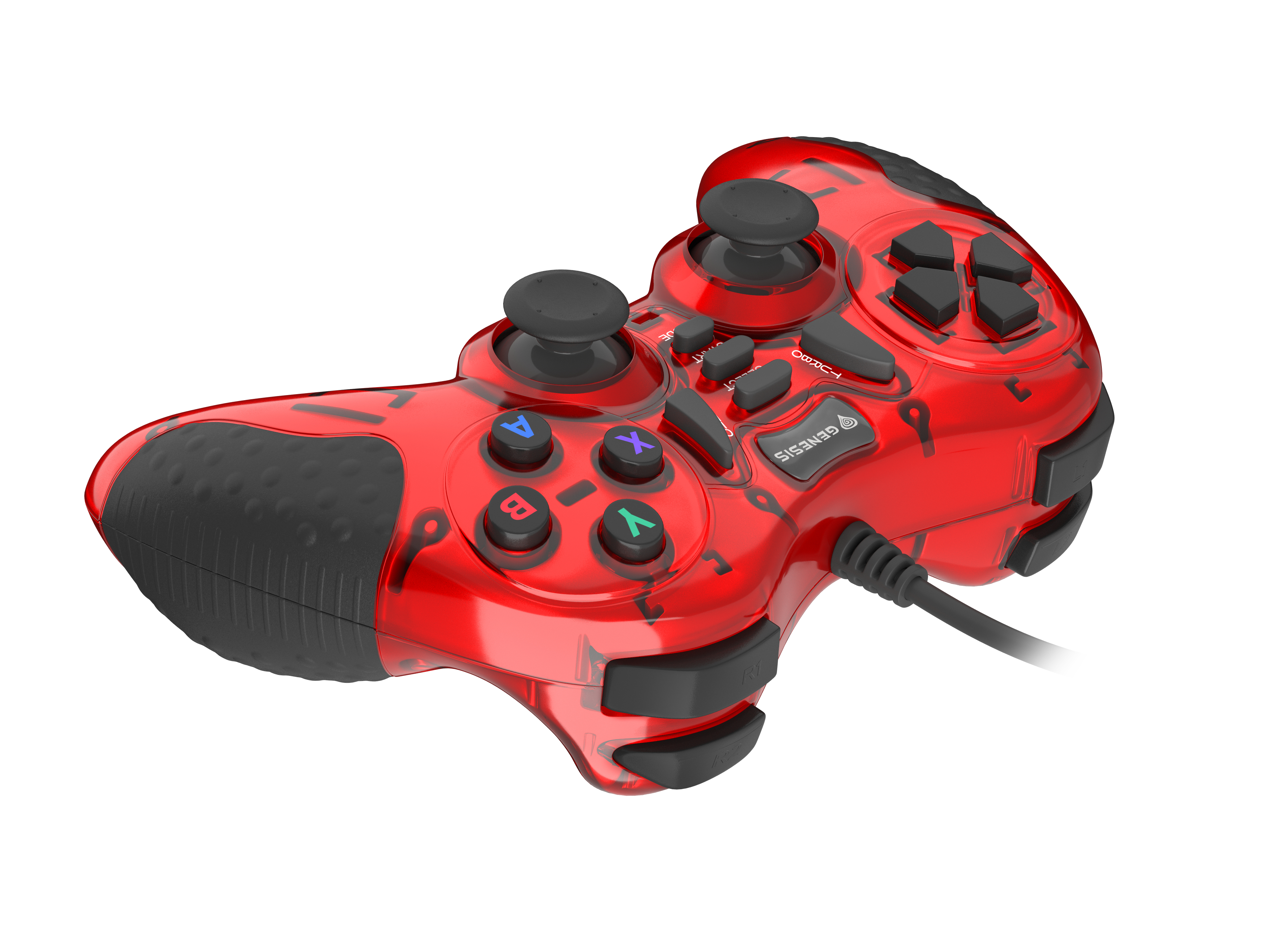 Controller di gioco rosso e nero con pulsanti e cavo.