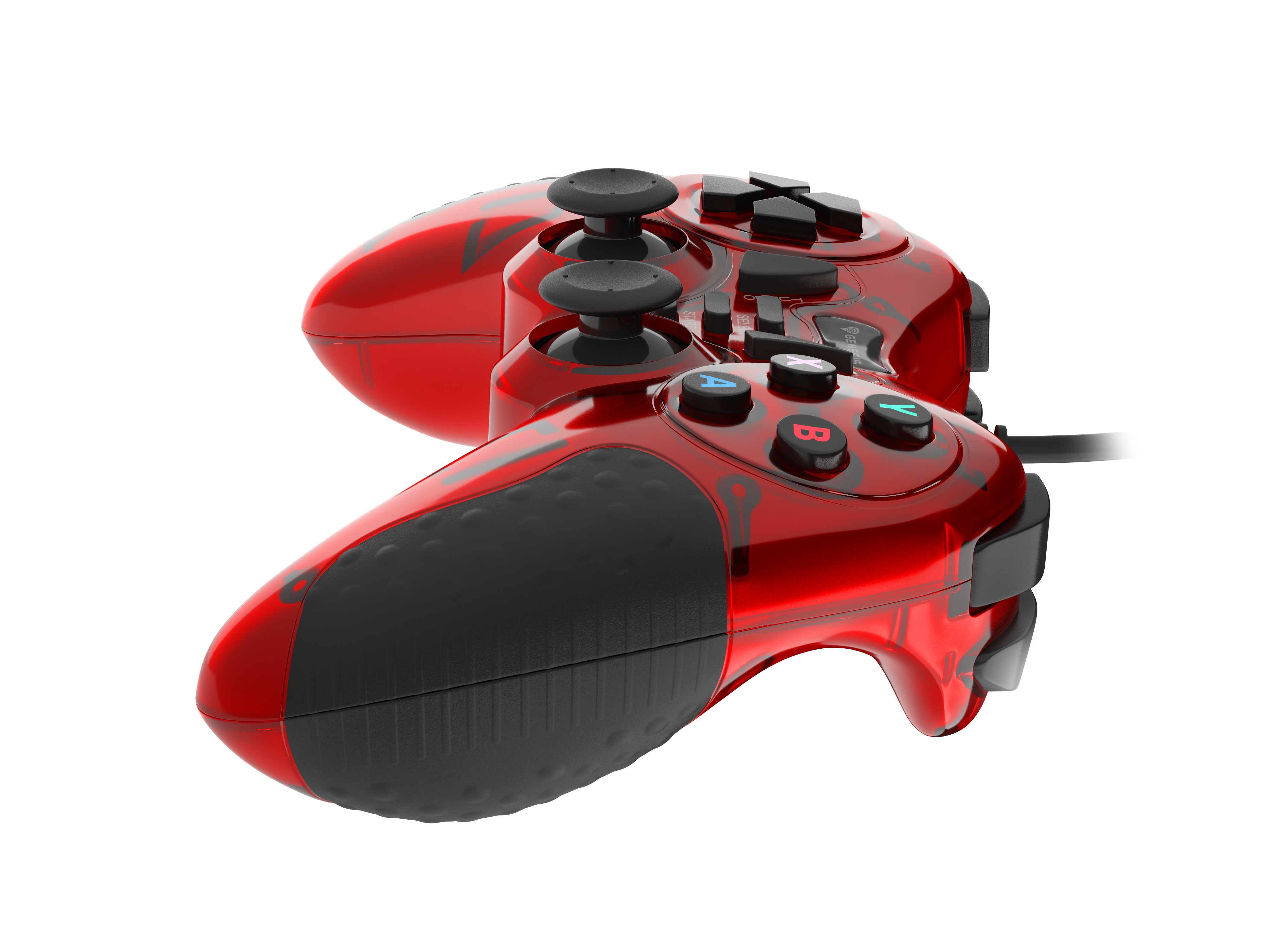 Gamepad rosso e nero, vista dall'alto, con pulsanti e cavo. Sfondo bianco.
