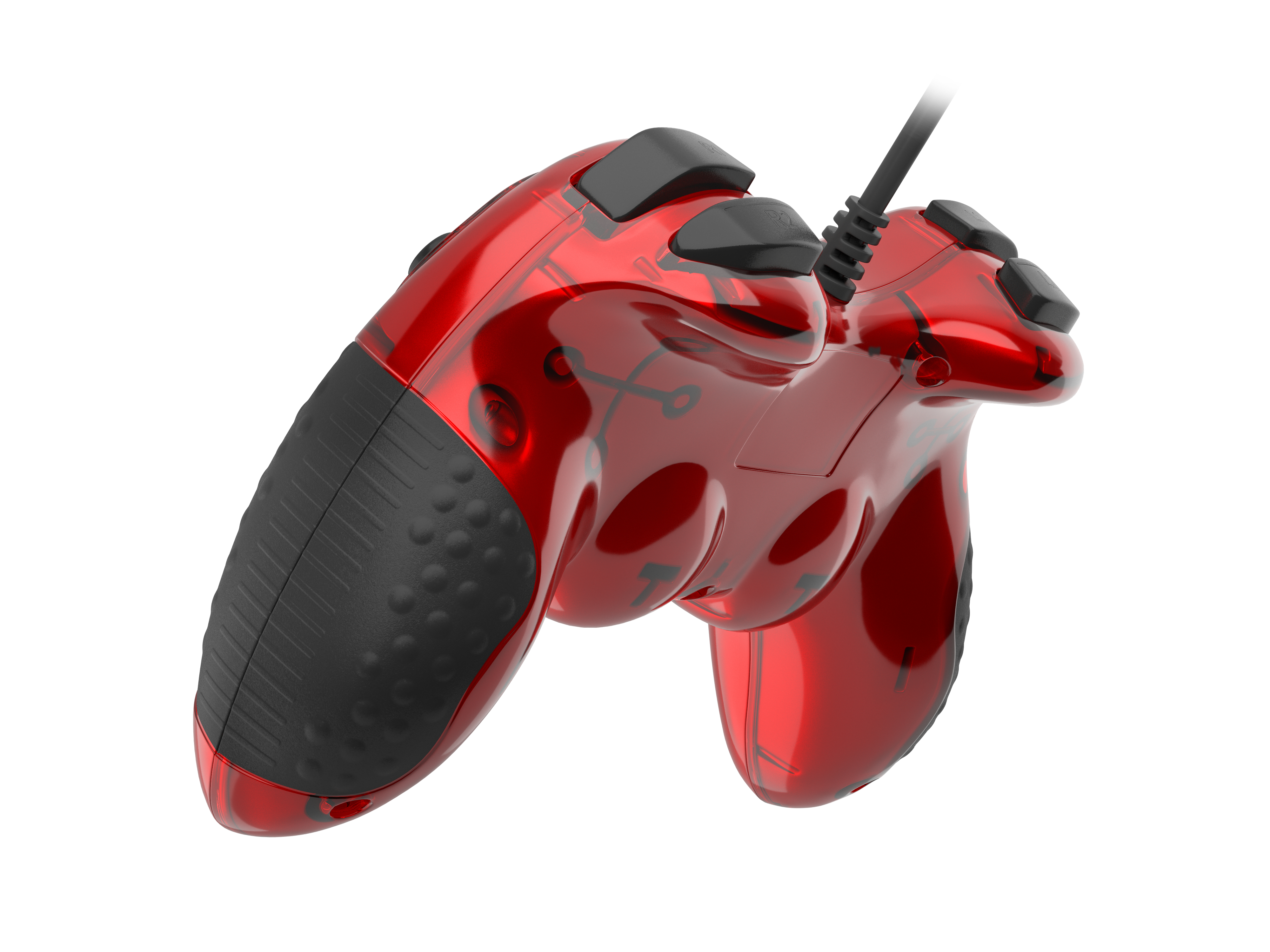 Un controller di gioco rosso trasparente con pulsanti neri e un cavo nero su sfondo bianco.