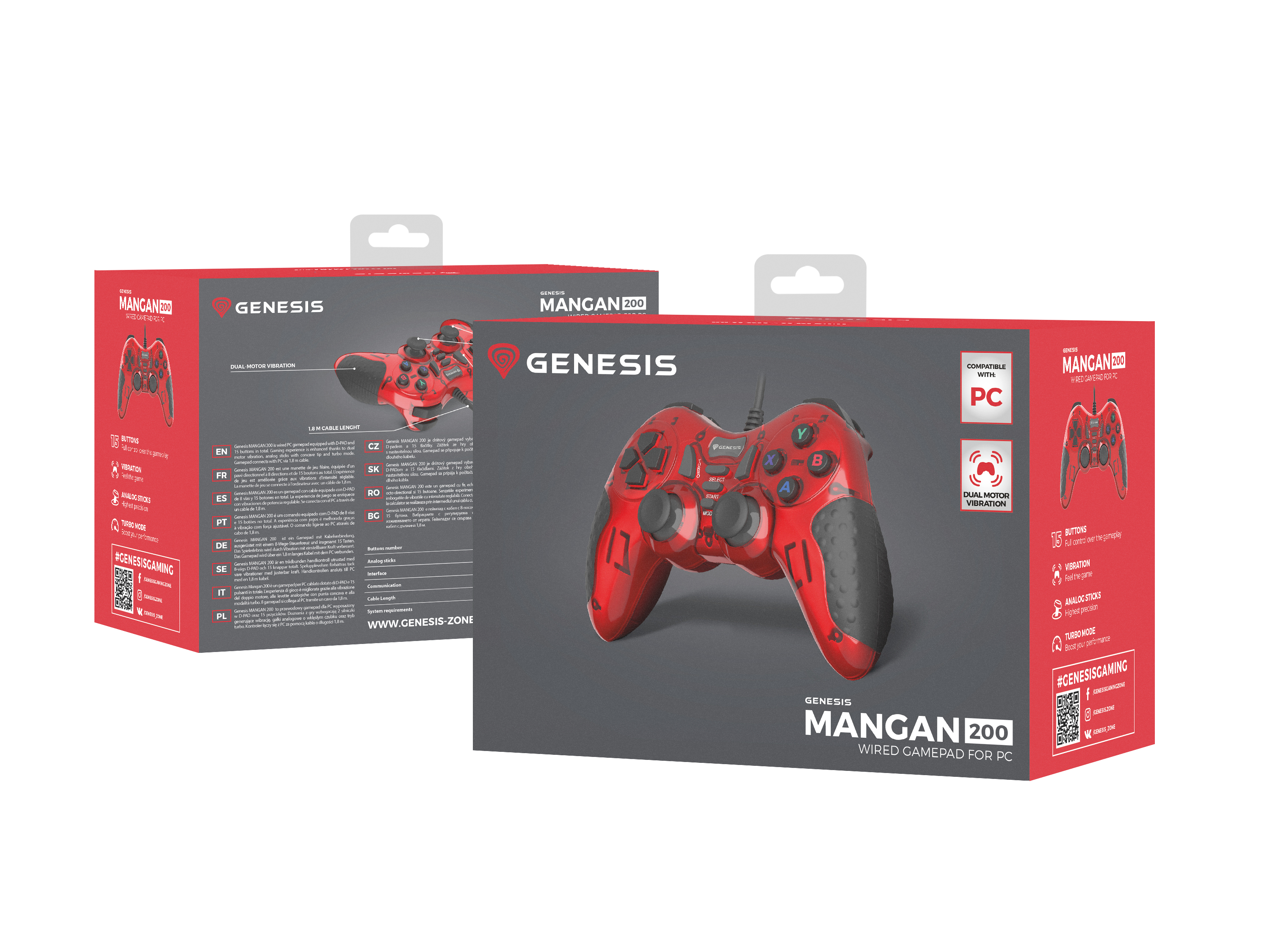 Gamepad rosso e nero in una scatola rossa e bianca, con testo.