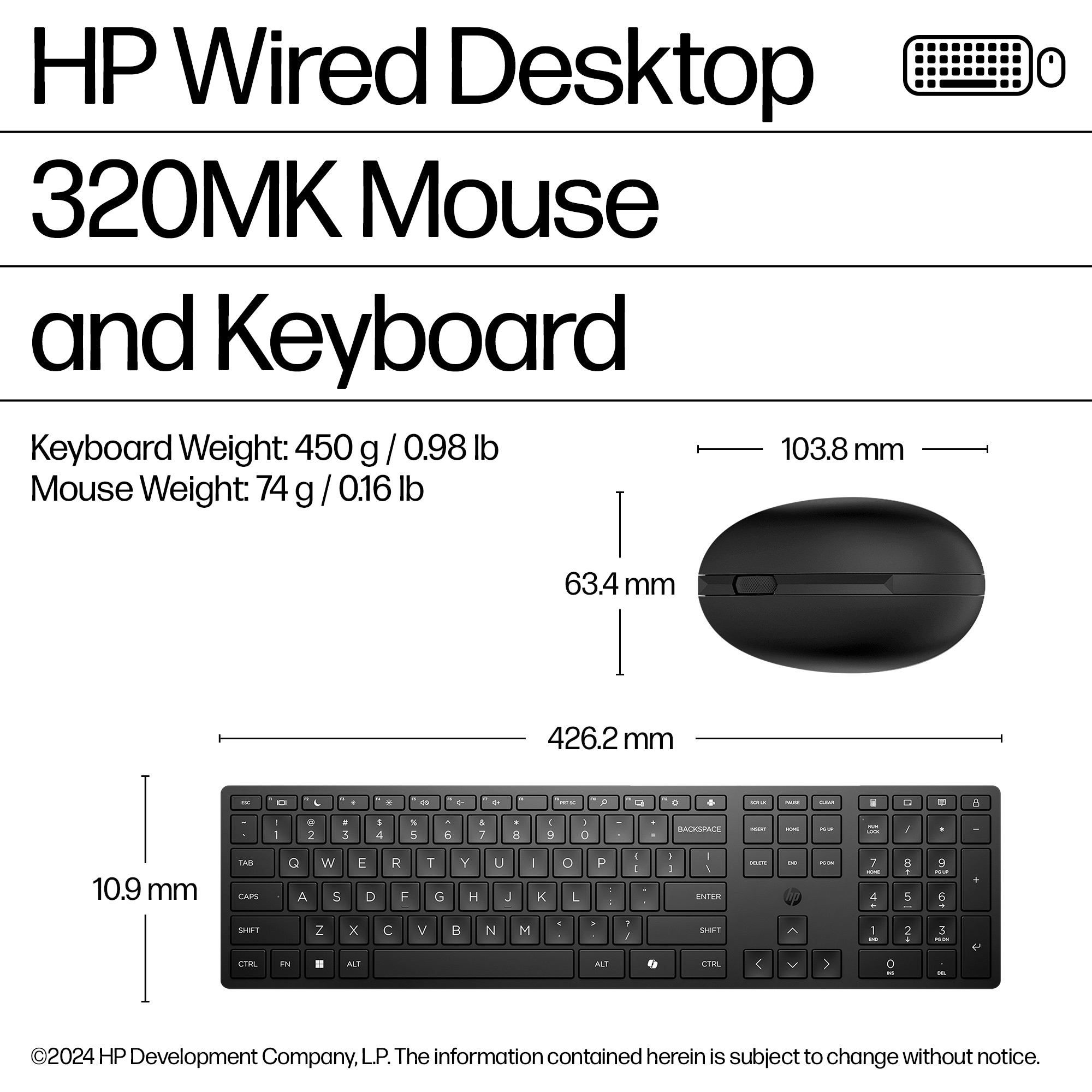 HP Wired Desktop 320MK Mouse e Tastiera. Tastiera e mouse neri. Vengono visualizzate misure e pesi.