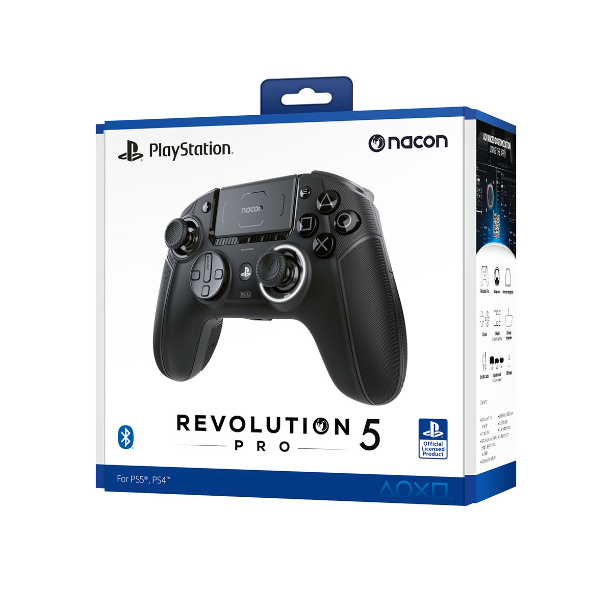 Pudełko kontrolera Playstation. Jest niebieskie, białe i czarne ze zdjęciem kontrolera na przodzie.