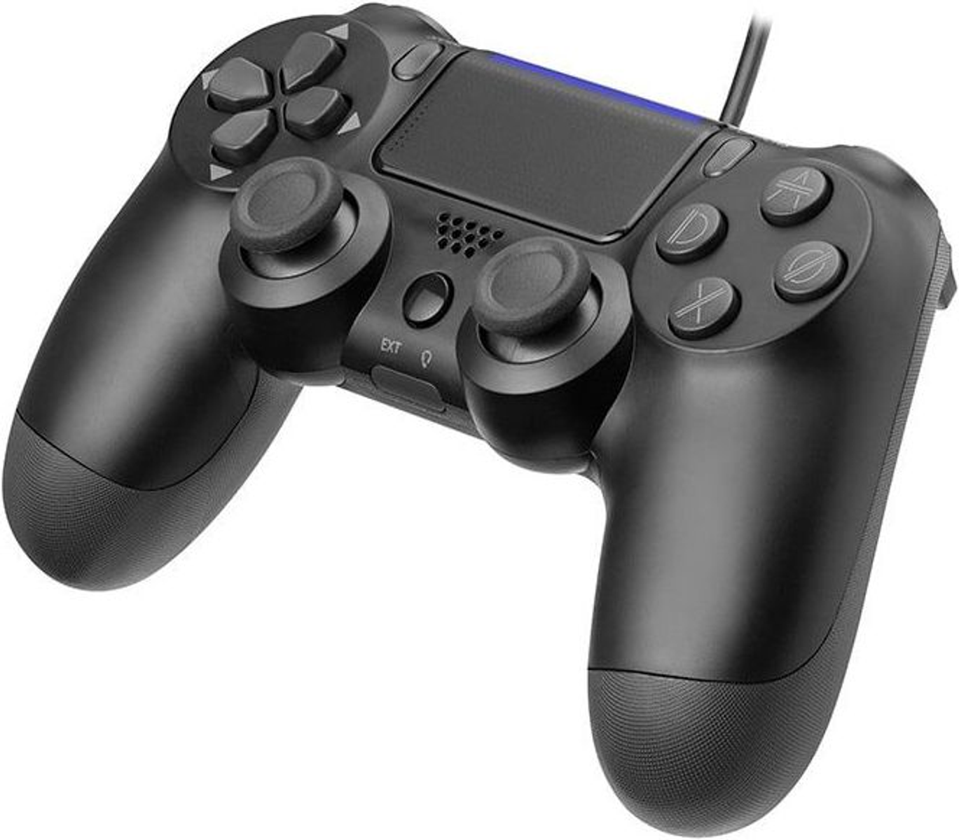 Controller da gioco nero con barra luminosa blu in cima.