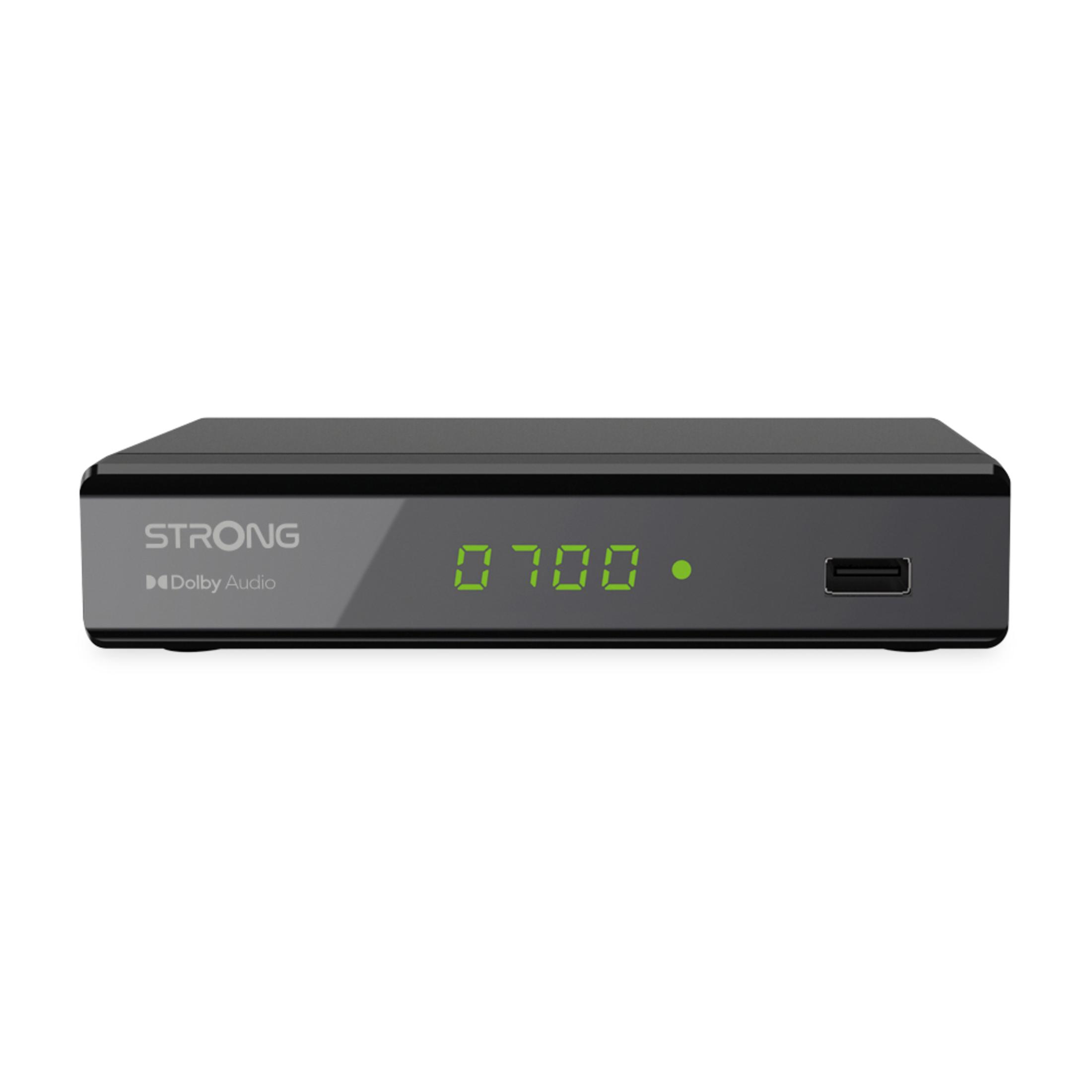 Ein schwarzer STONG-Digitalreceiver. Er hat eine grüne Anzeige mit der Aufschrift '0700'. Auf der rechten Seite befindet sich ein USB-Anschluss.