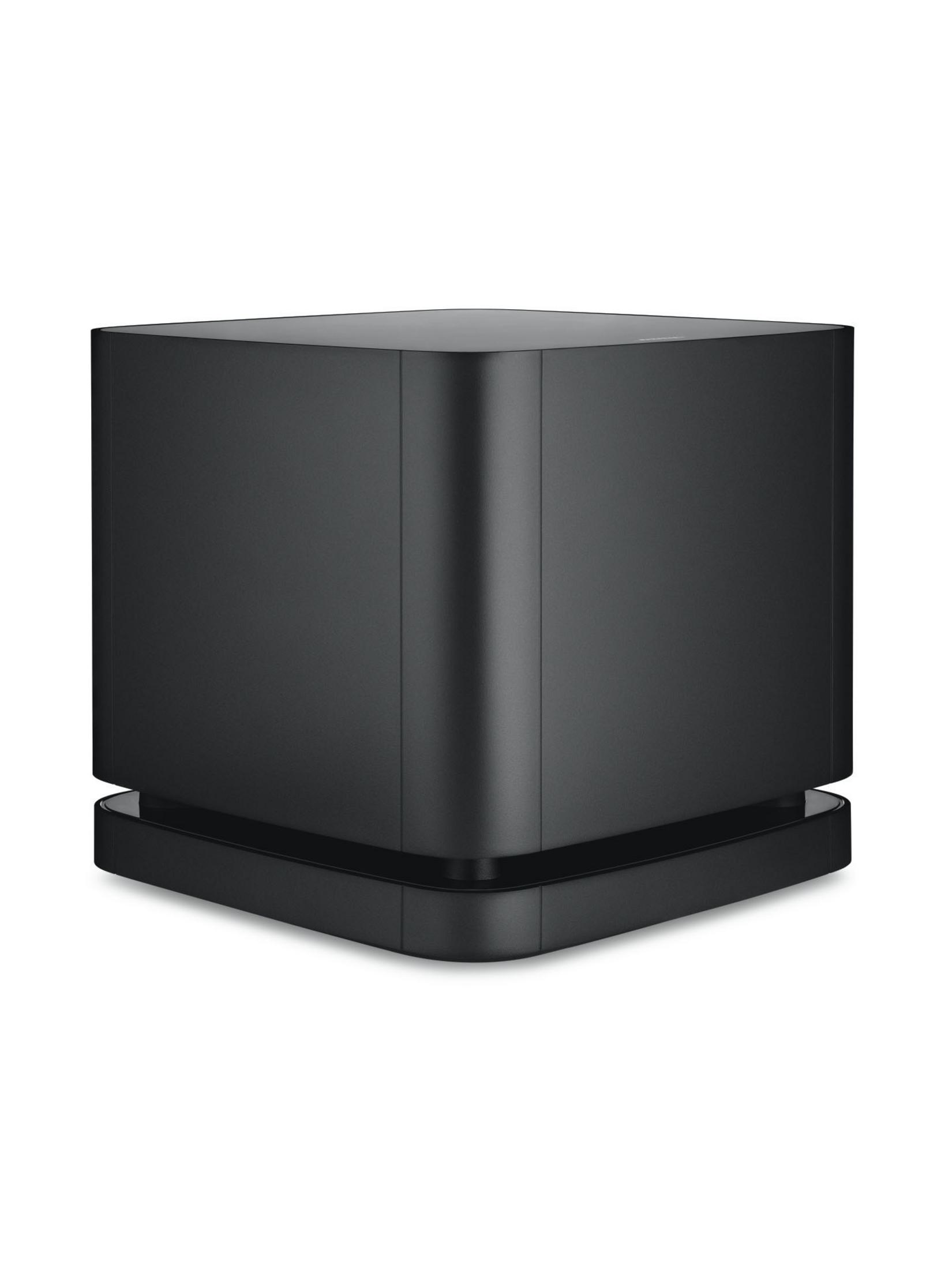 Un subwoofer negro, cúbico, con bordes redondeados sobre una base.
