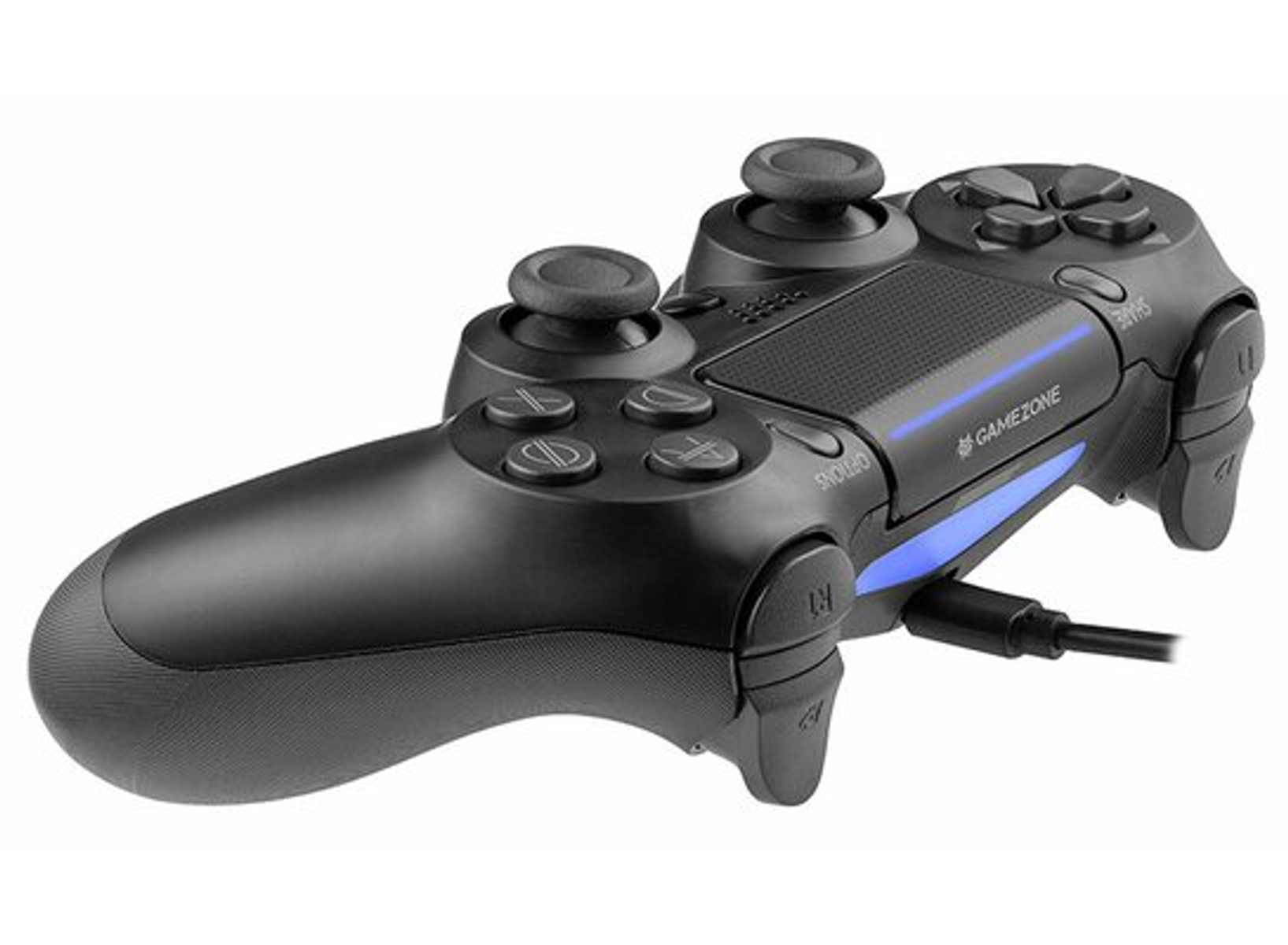 Controller di gioco nero con luci LED blu e cavo USB collegato.