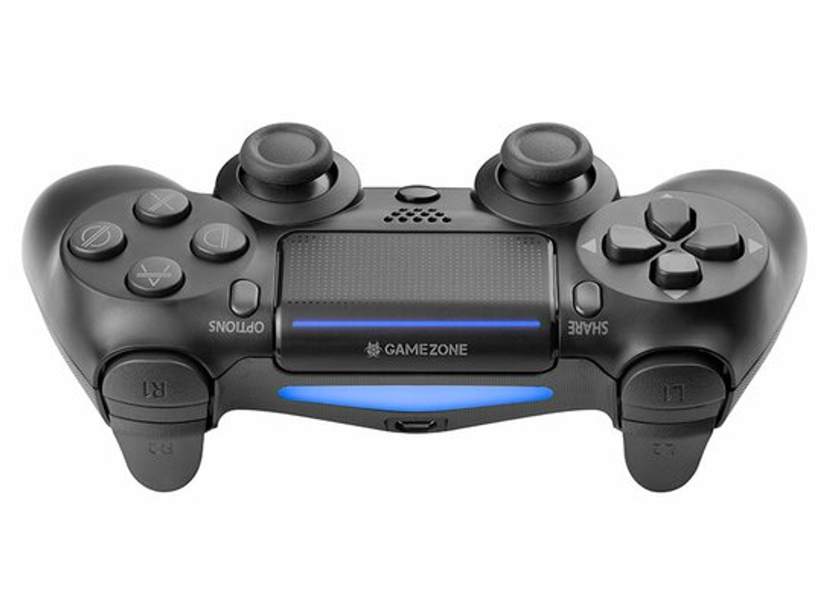 Controller di gioco nero con due levette analogiche, pulsanti e una barra luminosa.