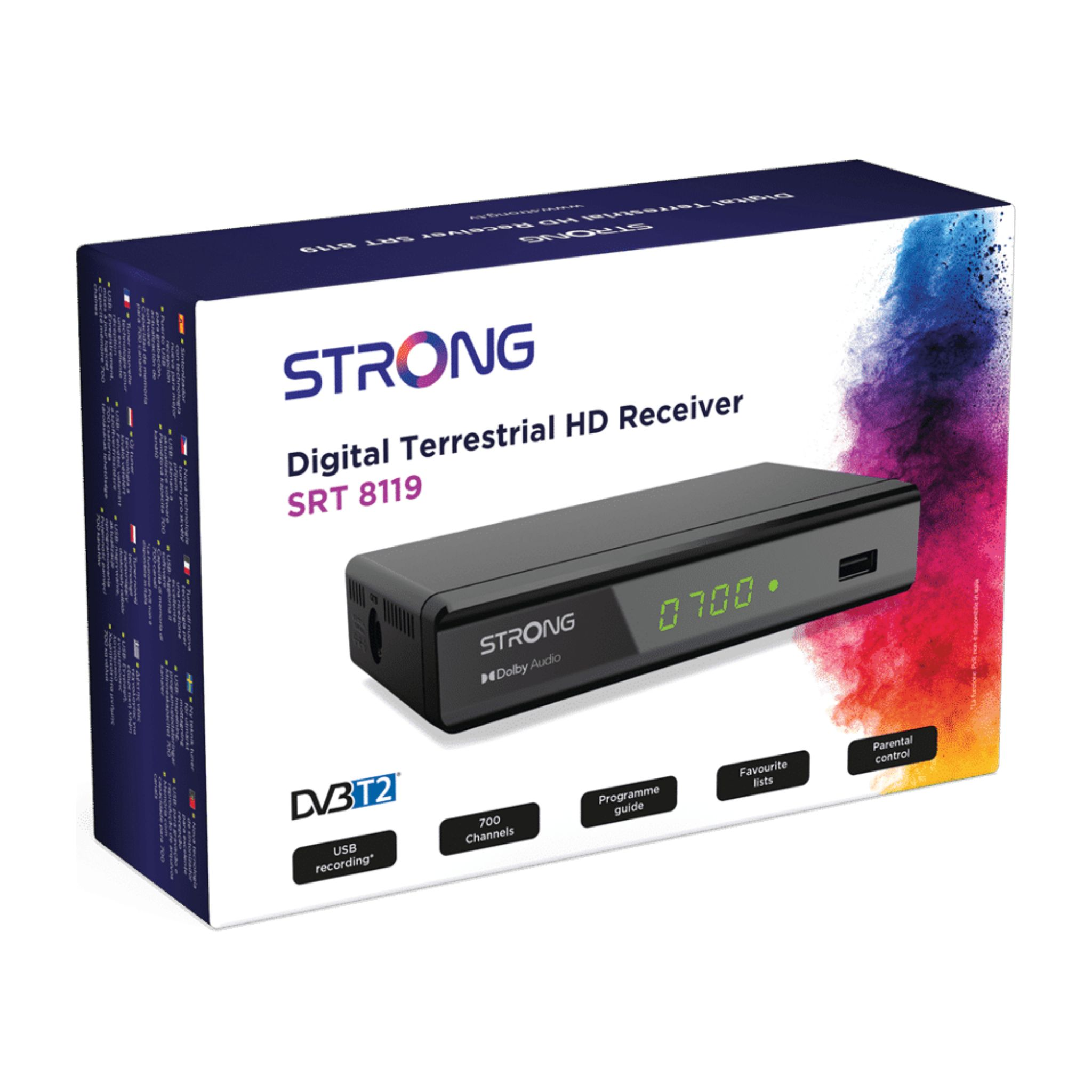 Eine Schachtel mit einem schwarzen Digitalreceiver. Auf der Schachtel steht STRONG. Es hat eine Digitalanzeige und verschiedene Funktionen.