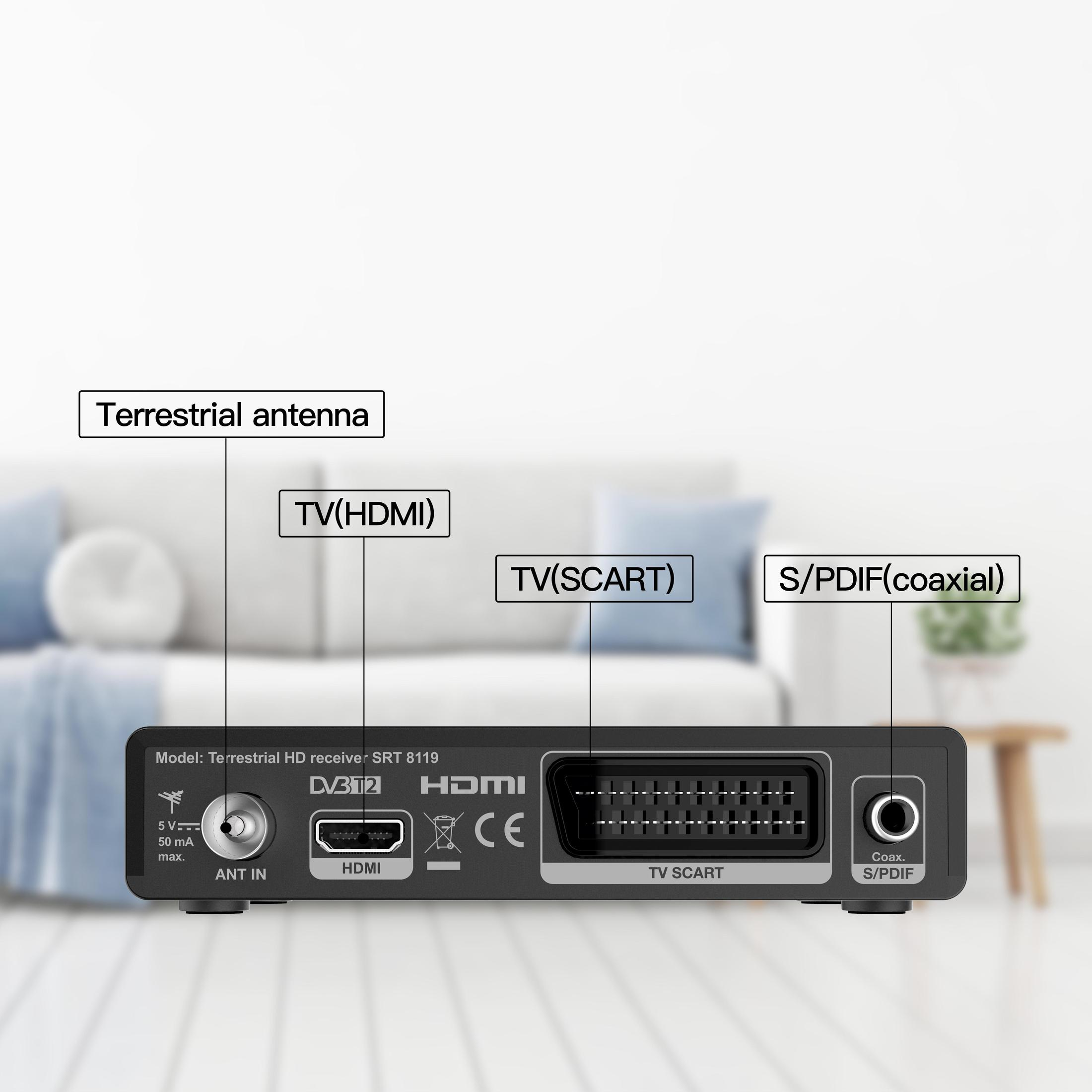 Schwarzer Empfänger mit beschrifteten Anschlüssen für Antenne, HDMI, SCART und S/PDIF. Textbeschriftungen sind weiß.