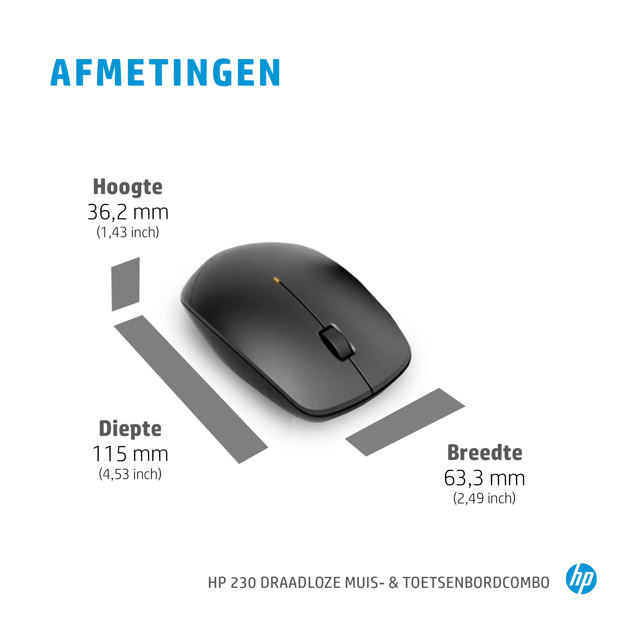 Mouse wireless nero con dimensioni: altezza 36,2 mm, profondità 115 mm, larghezza 63,3 mm. È il combo HP 230.