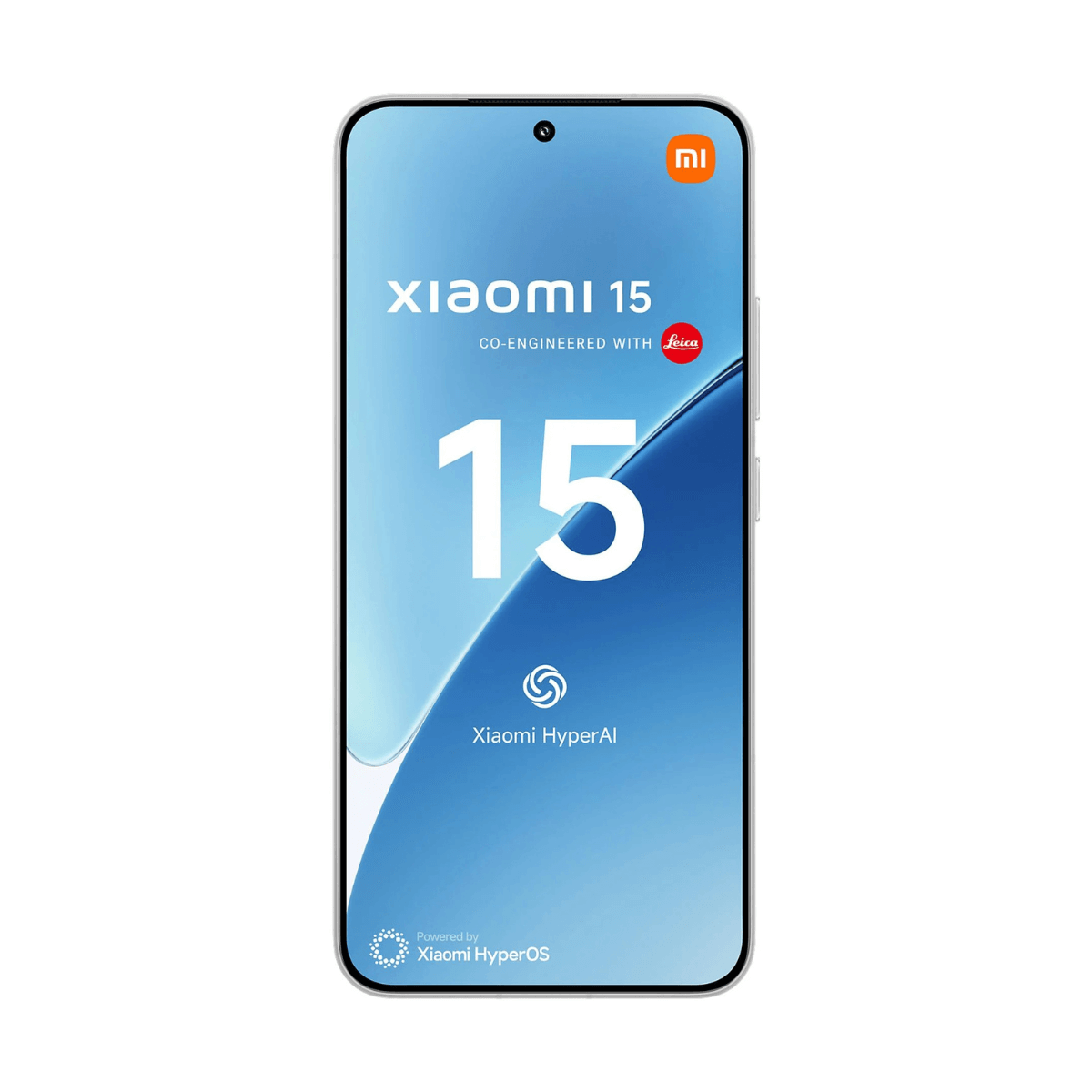 Widok z przodu białego telefonu Xiaomi 15, wyświetlający numer 15 i logo Xiaomi HyperOS.