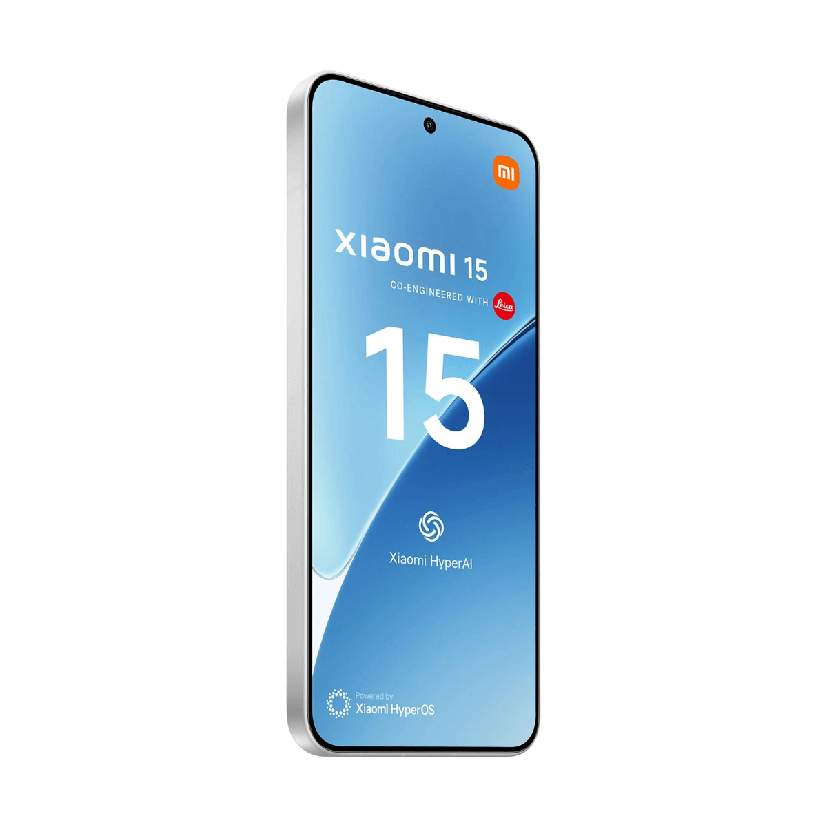 Widok pod kątem białego telefonu Xiaomi 15 wyświetlającego numer 15 i logo Xiaomi HyperOS.