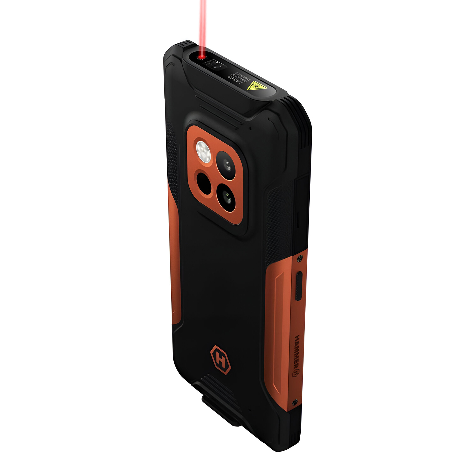 Schwarz-orangenes Smartphone mit Dreifachkamera und Laserpointer oben. Das Telefon ist angewinkelt.