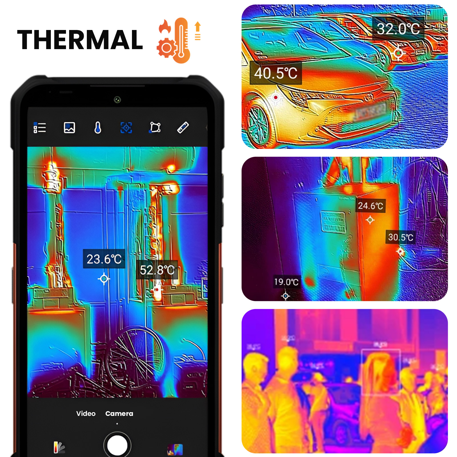 Wärmebild eines Smartphones mit Wärmedaten, zeigt Temperaturen von Objekten in der Umgebung.