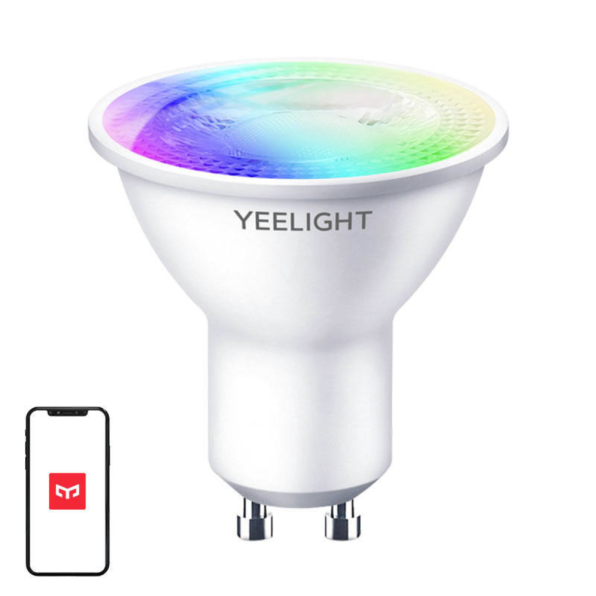 Lampadina Yeelight bianca con luce multicolore e icona smartphone.