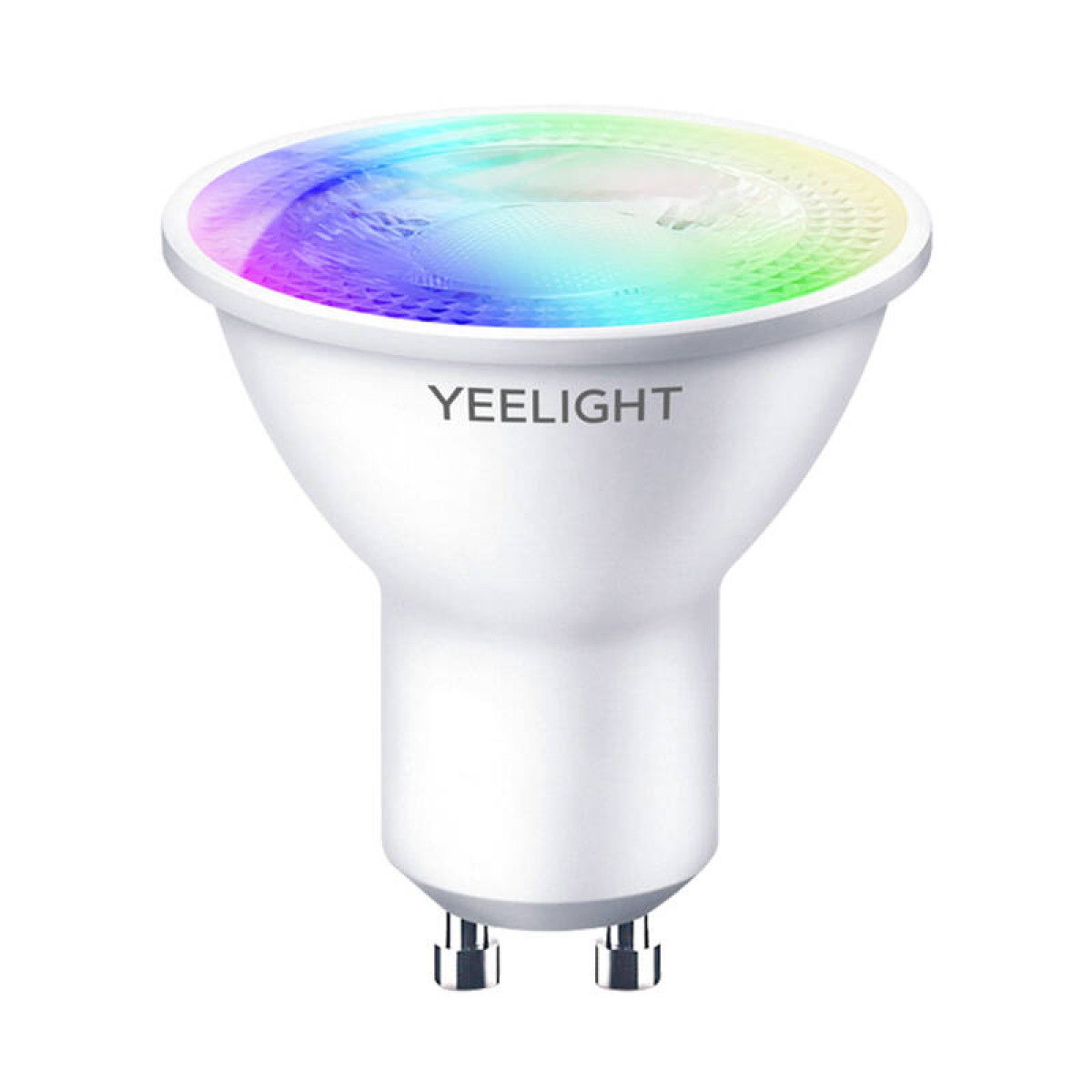 Lampadina bianca Yeelight con luce colorata in alto e due pin in basso.