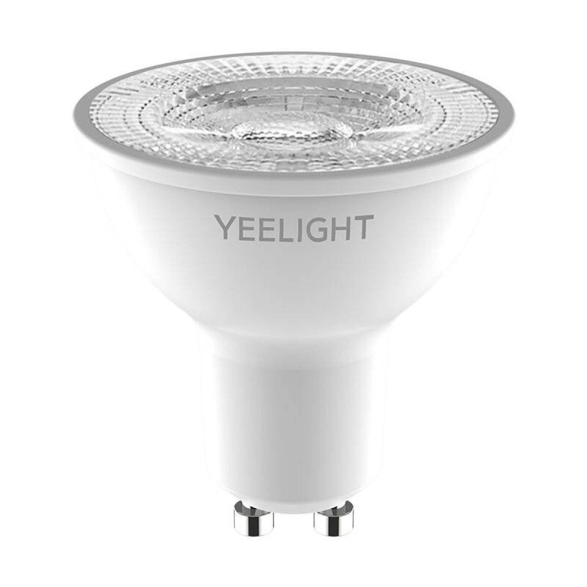 Lampadina bianca Yeelight con bordo argentato e due pin metallici.
