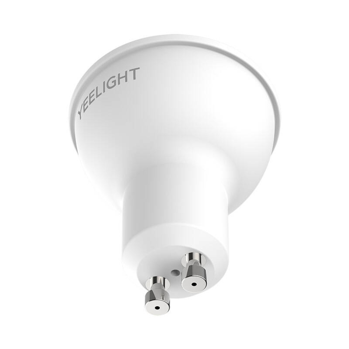 Lampadina bianca Yeelight con contatti argentati su sfondo bianco.