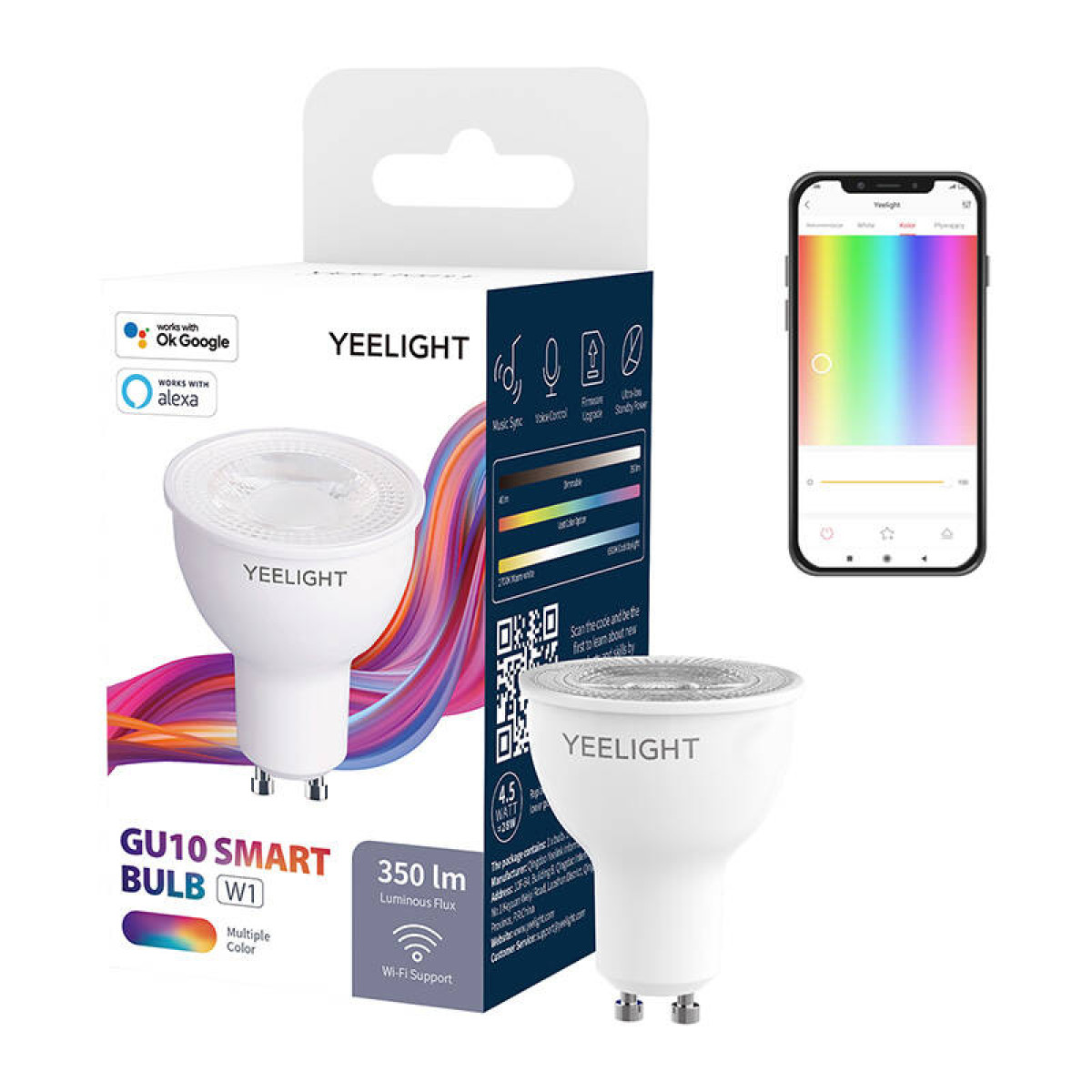 Una confezione Yeelight GU10 Smart Bulb W1 che mostra la lampadina, uno smartphone e i dettagli della confezione.
