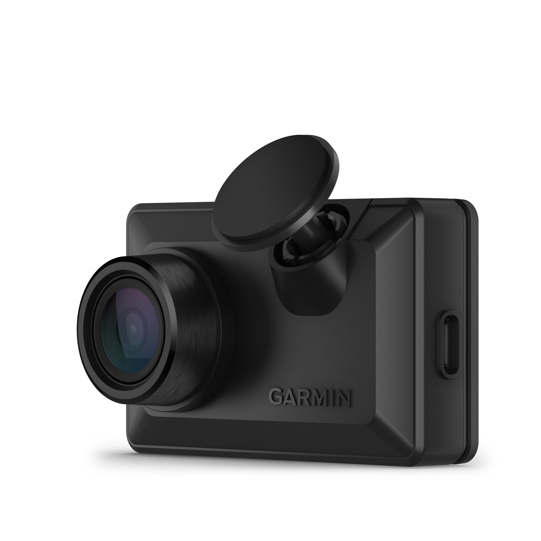 Eine schwarze Garmin Dashcam mit Objektiv und drehbarem Kopf. Es ist auf weißem Grund.