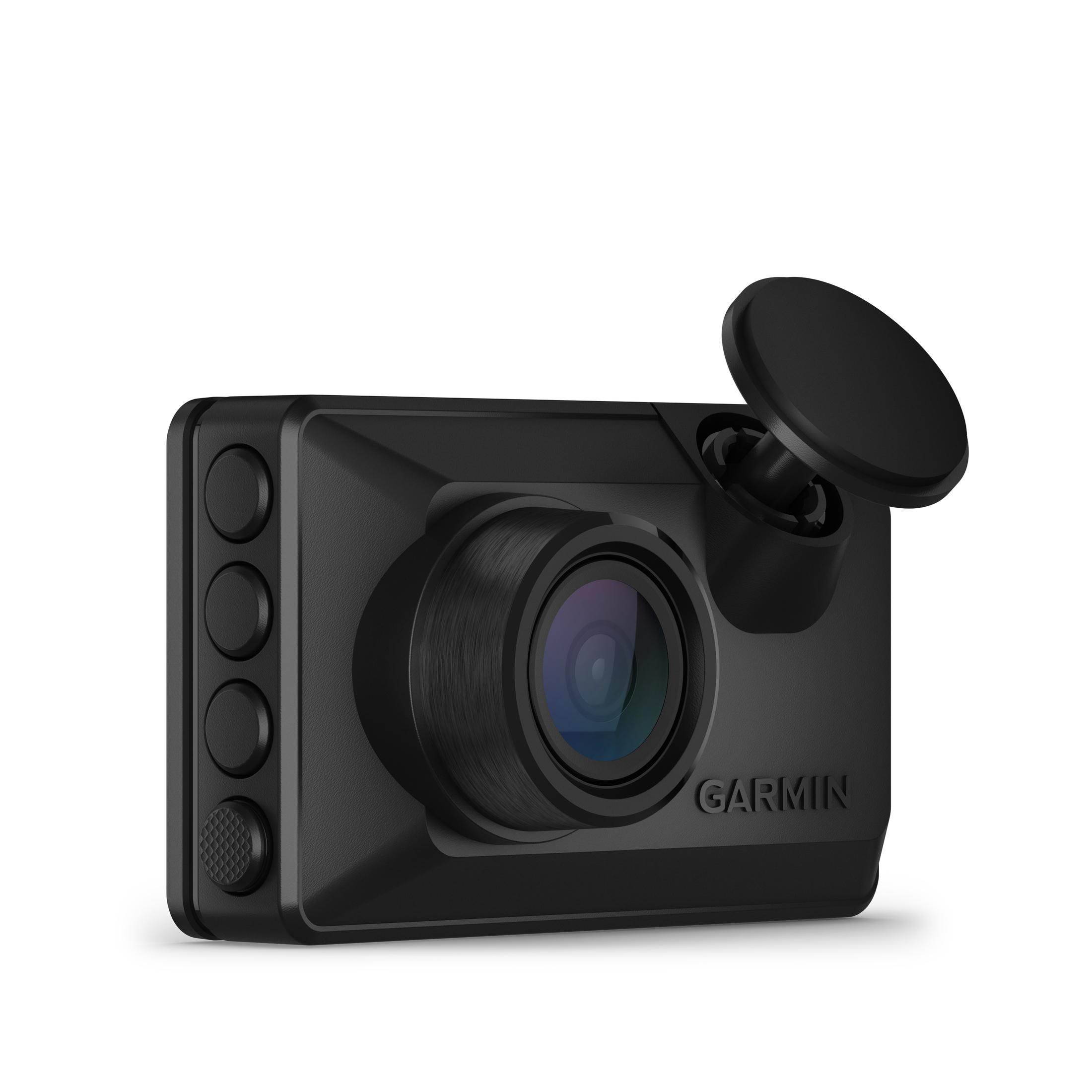 Schwarze Garmin-Dashcam mit Objektiv und Halterung. Knöpfe an der Seite. Das Wort Garmin ist sichtbar.
